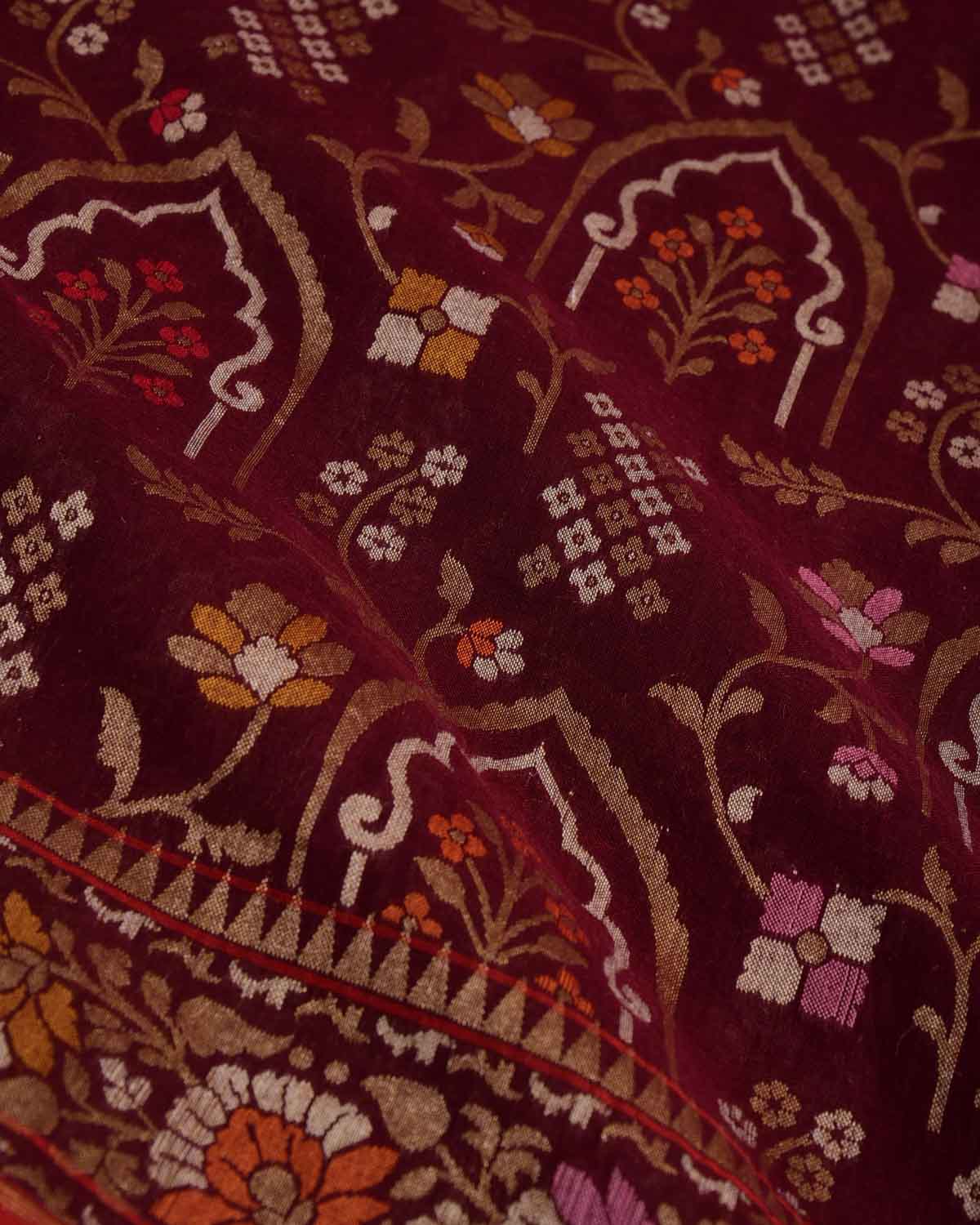 Garnet Rakhtambari Gold Zari & Meenekari Jaal Cutwork Brocade Handwoven Cotton Banarasi Saree-HolyWeaves