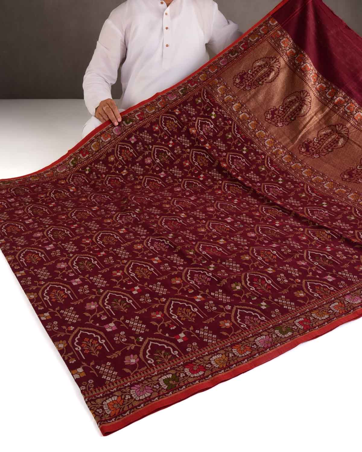Garnet Rakhtambari Gold Zari & Meenekari Jaal Cutwork Brocade Handwoven Cotton Banarasi Saree-HolyWeaves