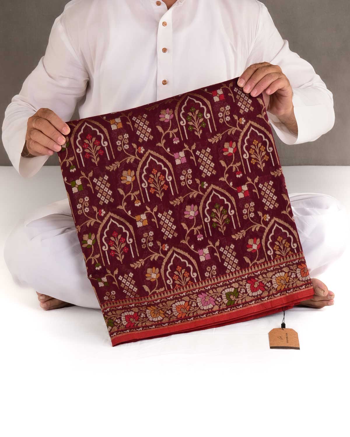 Garnet Rakhtambari Gold Zari & Meenekari Jaal Cutwork Brocade Handwoven Cotton Banarasi Saree-HolyWeaves