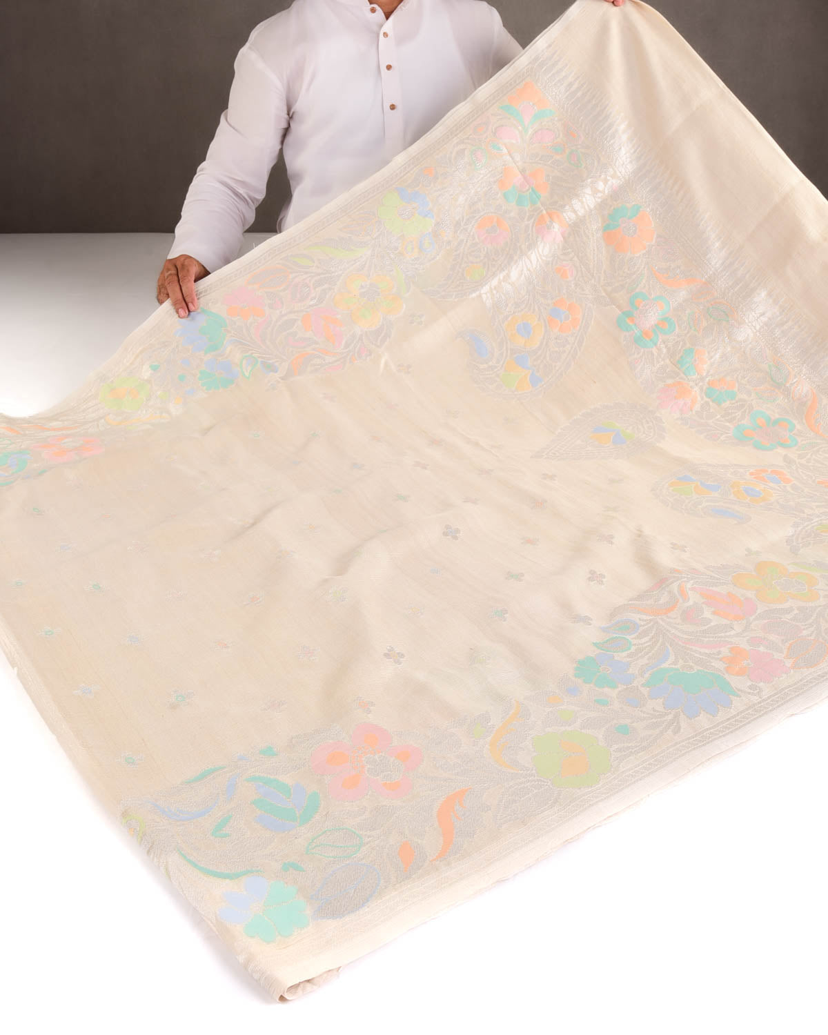 Beige Siulver Zari And Meenakari Badi Kairy Cutwork Brocade Handwoven Tasar Georgette Banarasi Saree-HolyWeaves