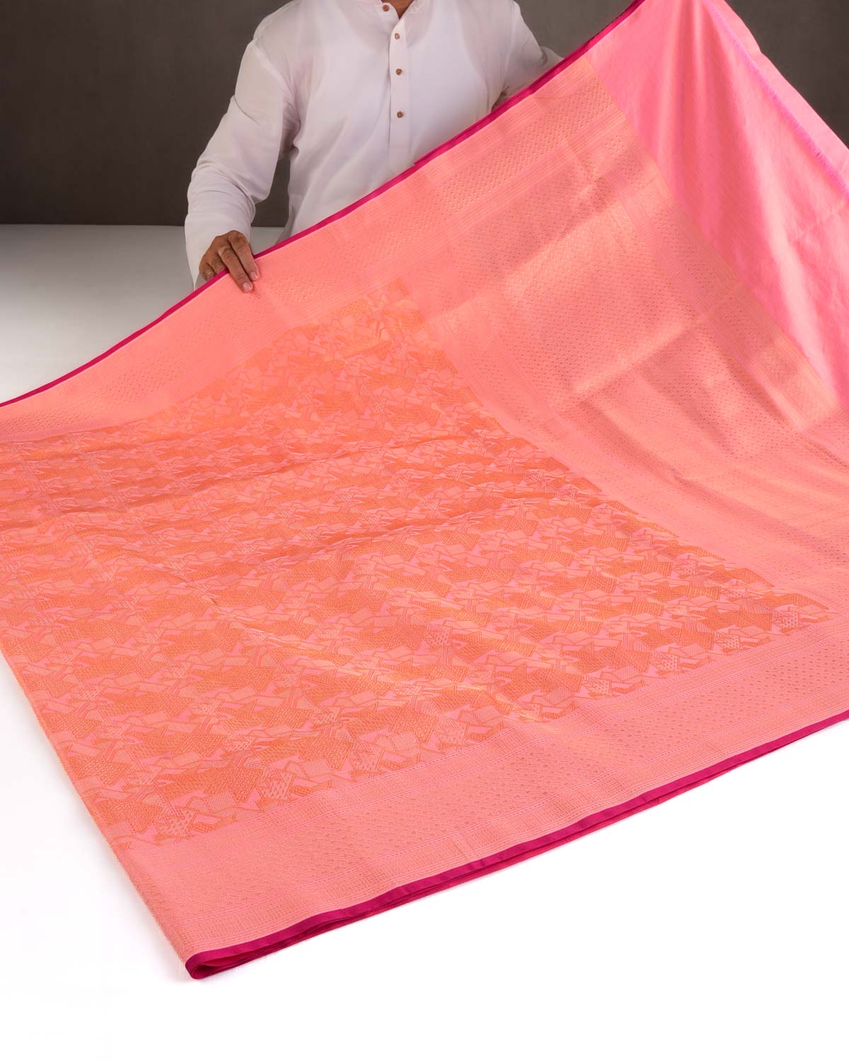 Shot Peach Gold Zari Geometric Brocade Handwoven Katan Silk Banarasi Saree with Rani Pink Blouse-HolyWeaves