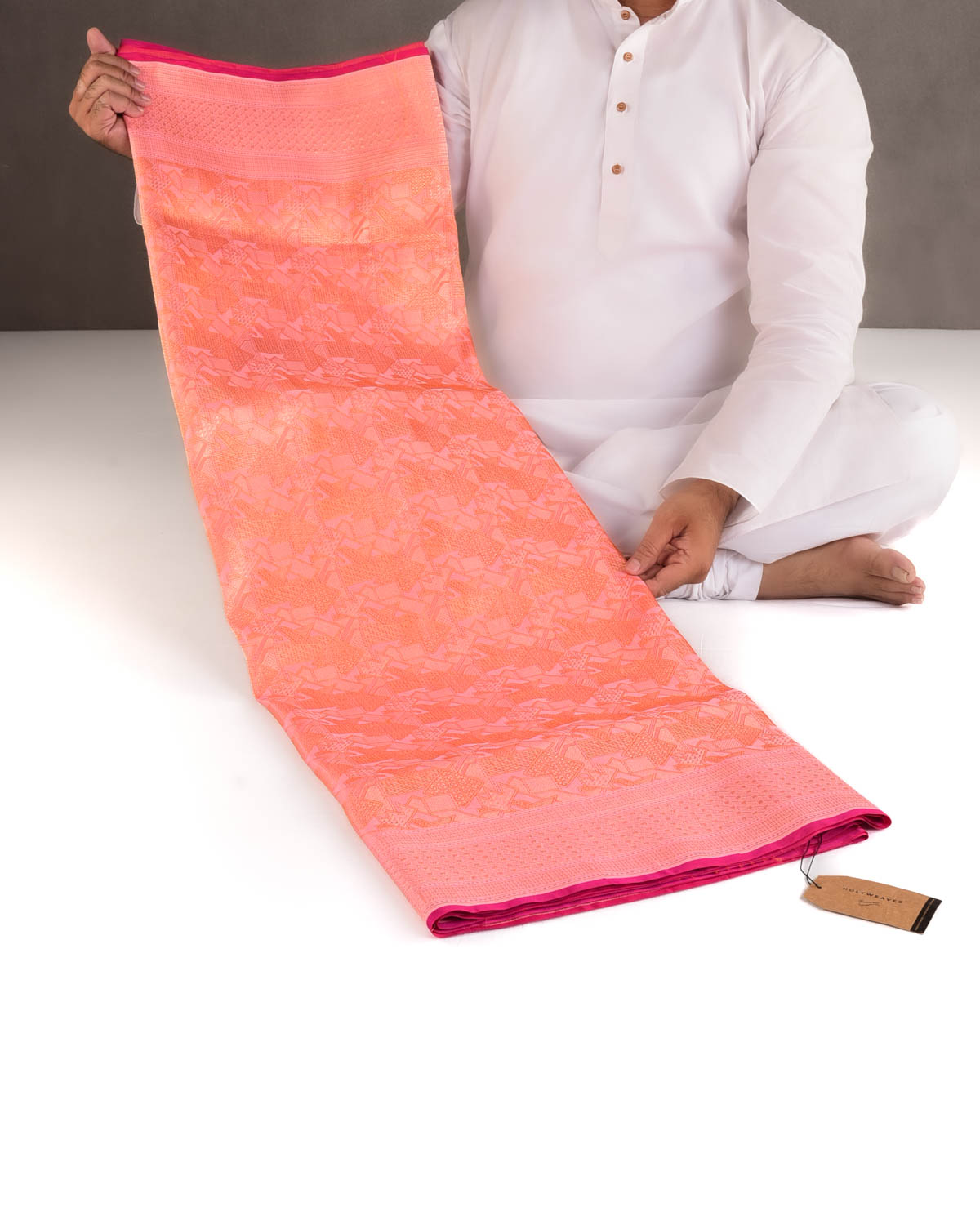Shot Peach Gold Zari Geometric Brocade Handwoven Katan Silk Banarasi Saree with Rani Pink Blouse-HolyWeaves