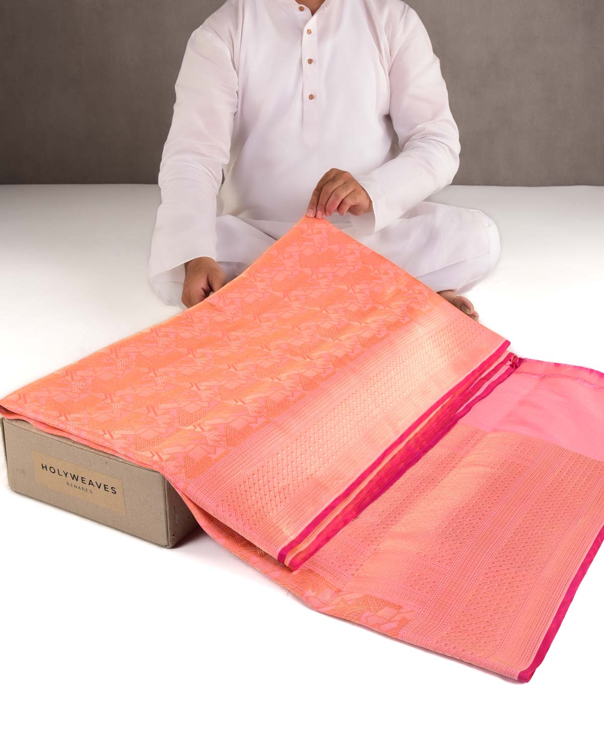 Shot Peach Gold Zari Geometric Brocade Handwoven Katan Silk Banarasi Saree with Rani Pink Blouse-HolyWeaves