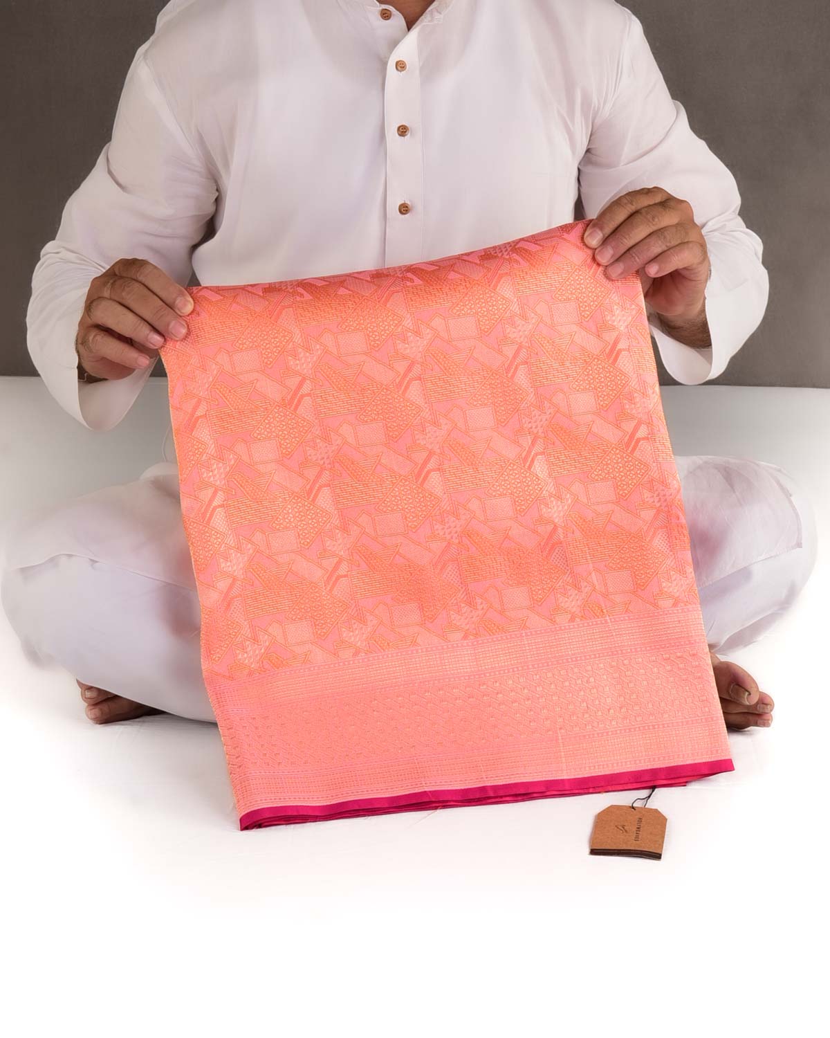 Shot Peach Gold Zari Geometric Brocade Handwoven Katan Silk Banarasi Saree with Rani Pink Blouse-HolyWeaves