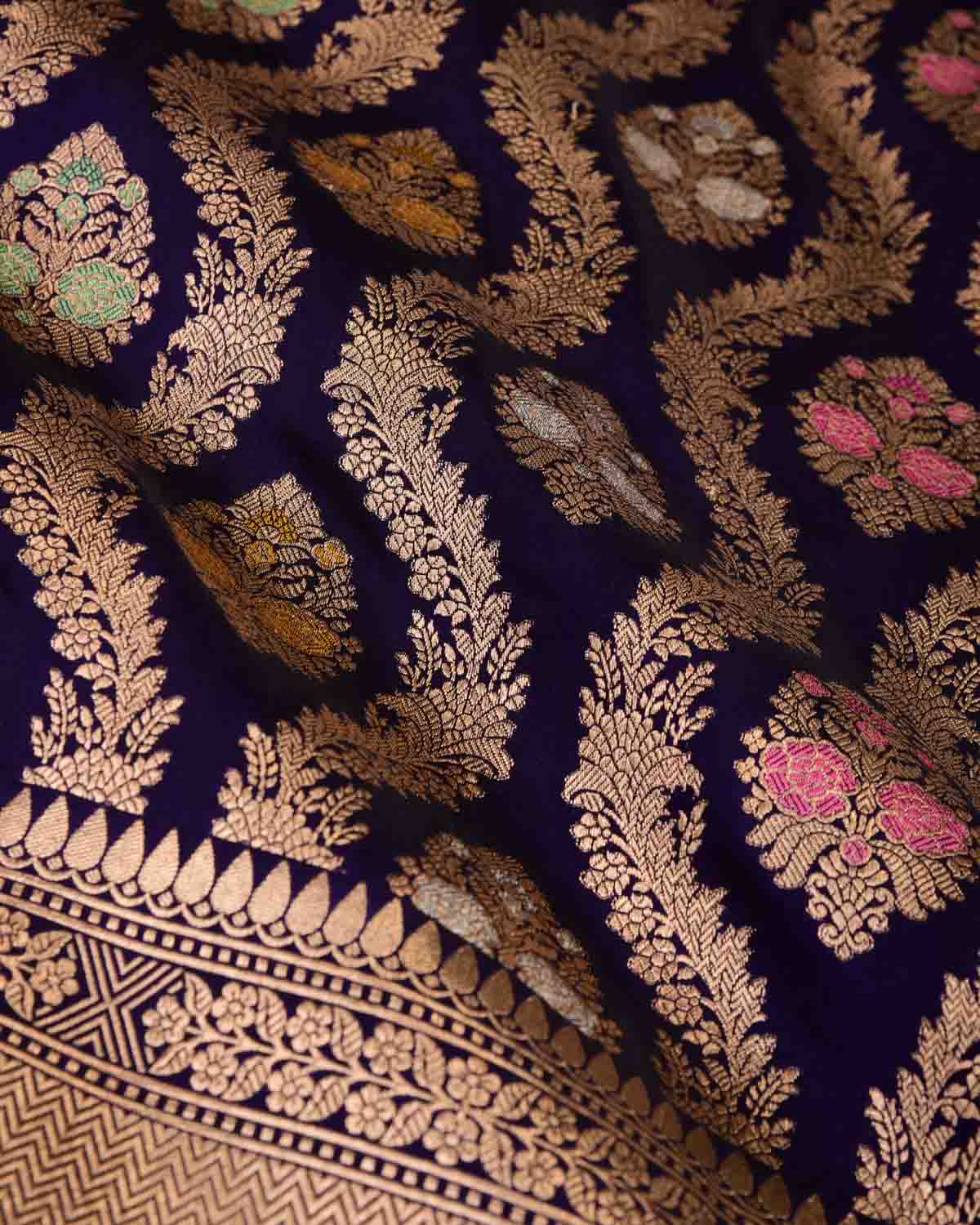 Purple Gold & Silver Zari & Meenekari Floral Jangla Cutwork Brocade Handwoven Katan Silk Banarasi Saree-HolyWeaves