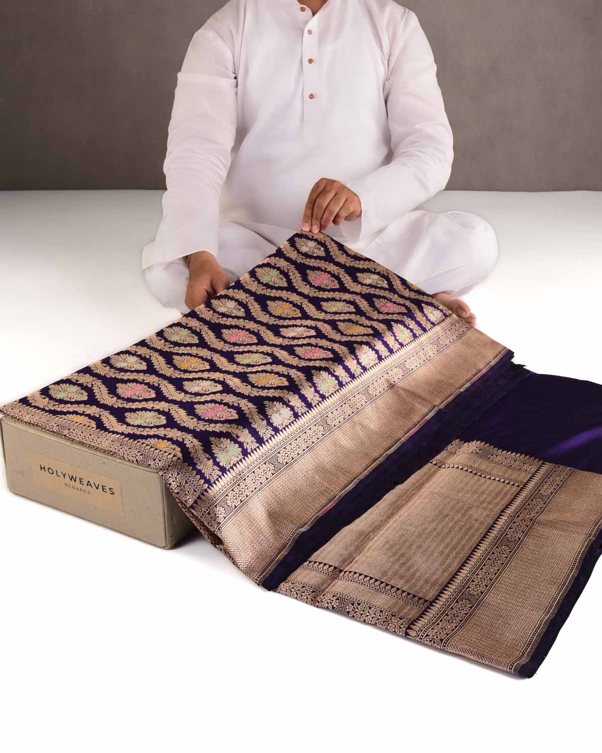 Purple Gold & Silver Zari & Meenekari Floral Jangla Cutwork Brocade Handwoven Katan Silk Banarasi Saree-HolyWeaves