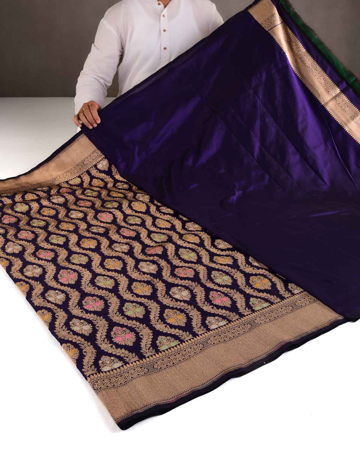 Purple Gold & Silver Zari & Meenekari Floral Jangla Cutwork Brocade Handwoven Katan Silk Banarasi Saree-HolyWeaves