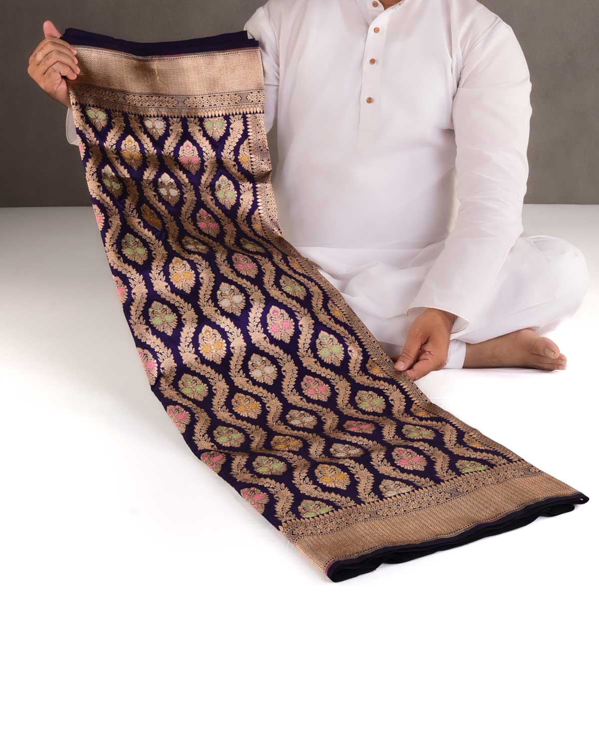 Purple Gold & Silver Zari & Meenekari Floral Jangla Cutwork Brocade Handwoven Katan Silk Banarasi Saree-HolyWeaves