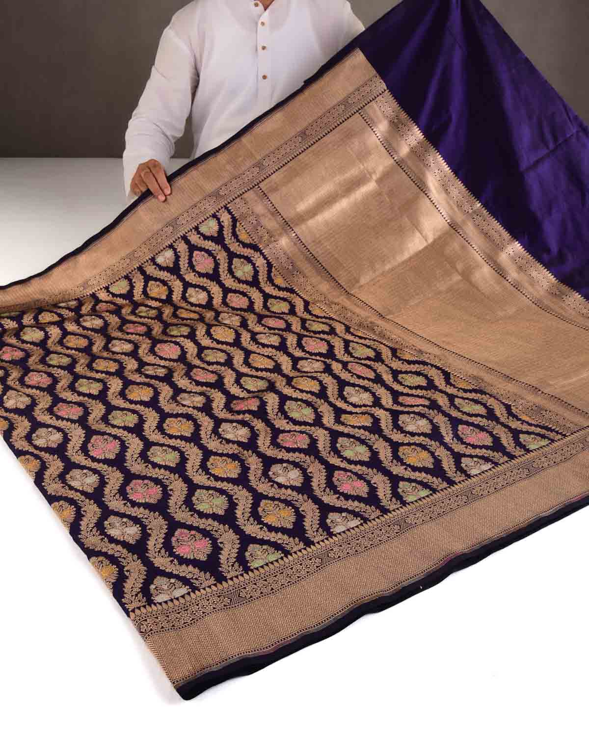Purple Gold & Silver Zari & Meenekari Floral Jangla Cutwork Brocade Handwoven Katan Silk Banarasi Saree-HolyWeaves