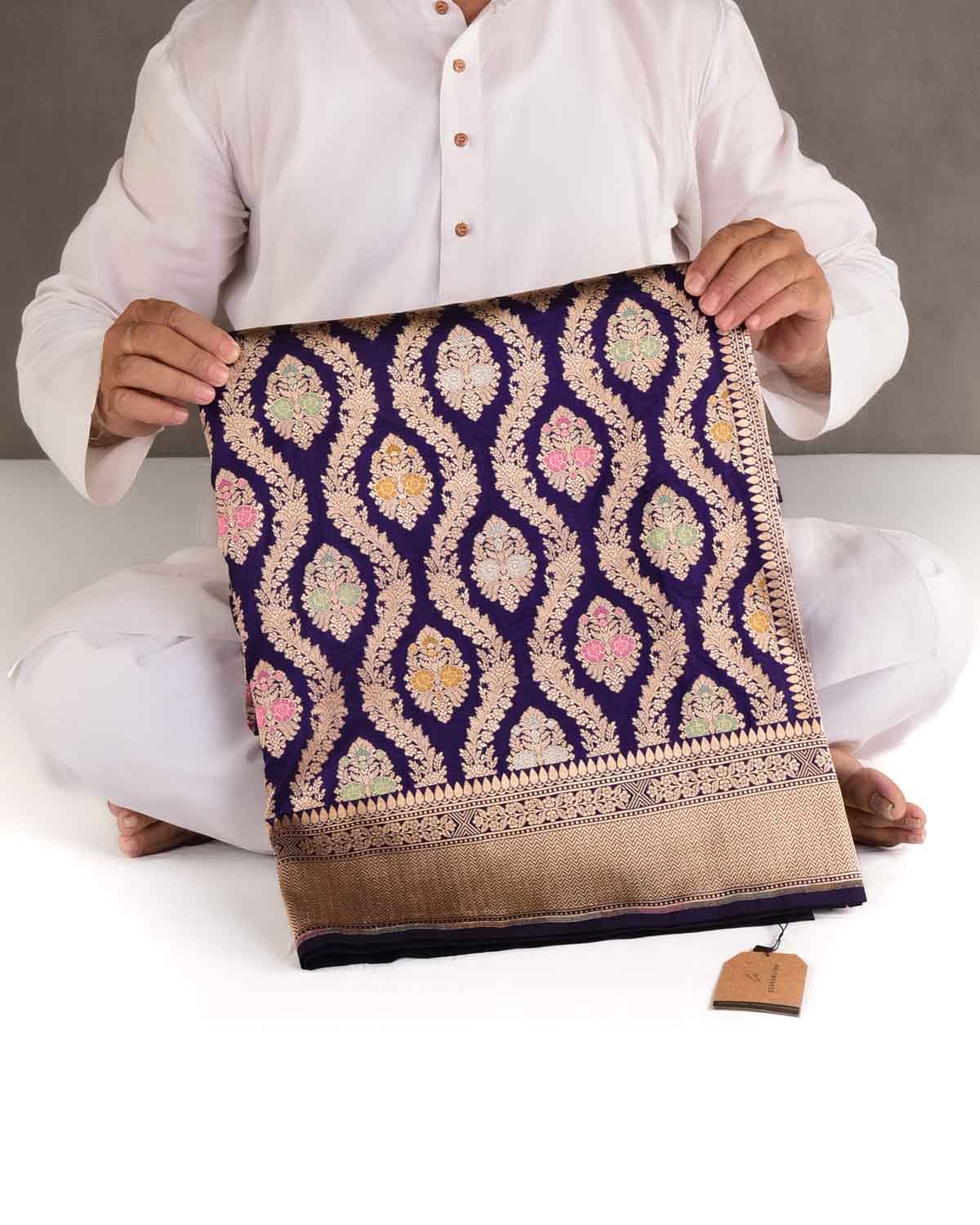 Purple Gold & Silver Zari & Meenekari Floral Jangla Cutwork Brocade Handwoven Katan Silk Banarasi Saree-HolyWeaves