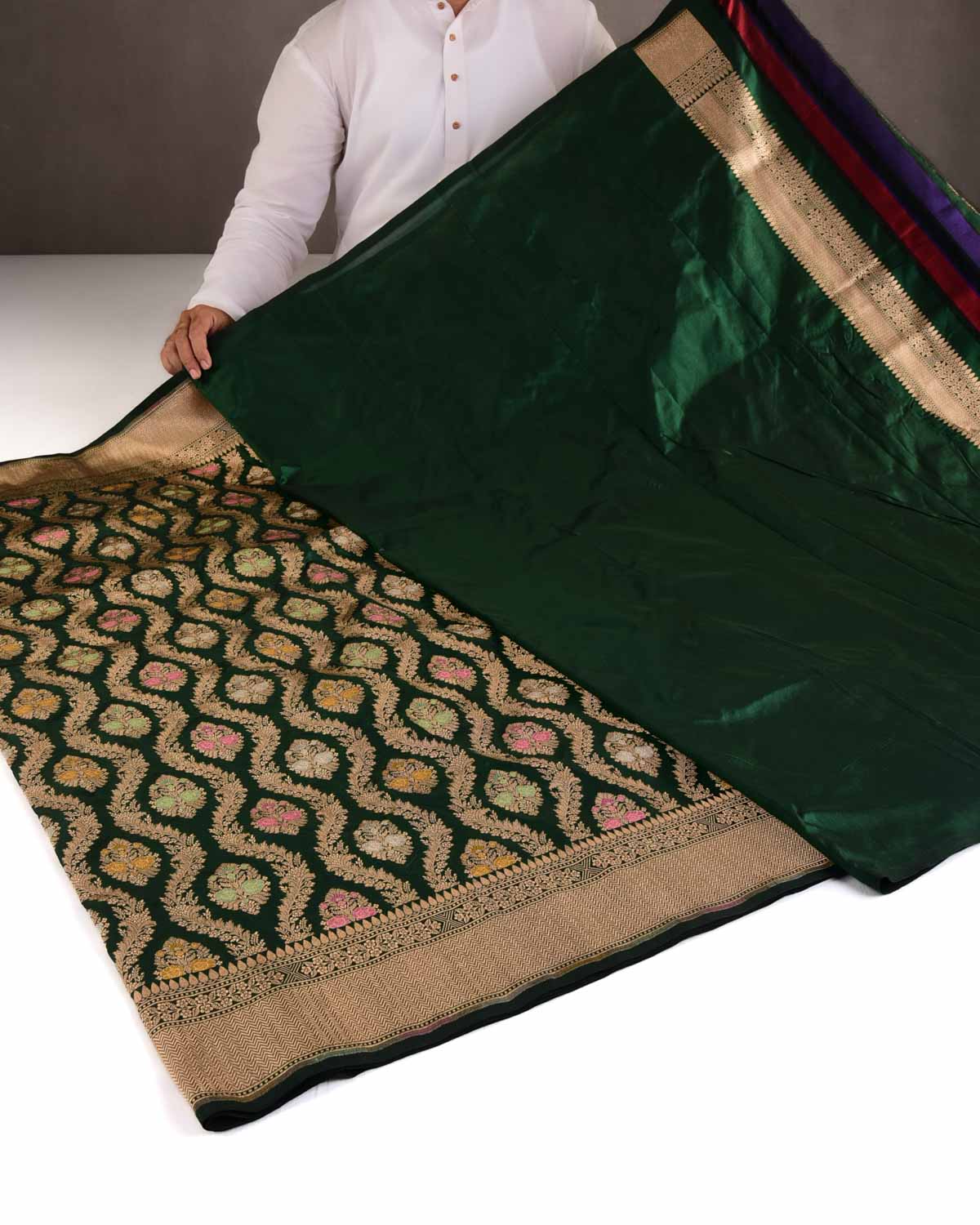 Midnight Green Gold & Silver Zari & Meenekari Floral Jangla Cutwork Brocade Handwoven Katan Silk Banarasi Saree-HolyWeaves