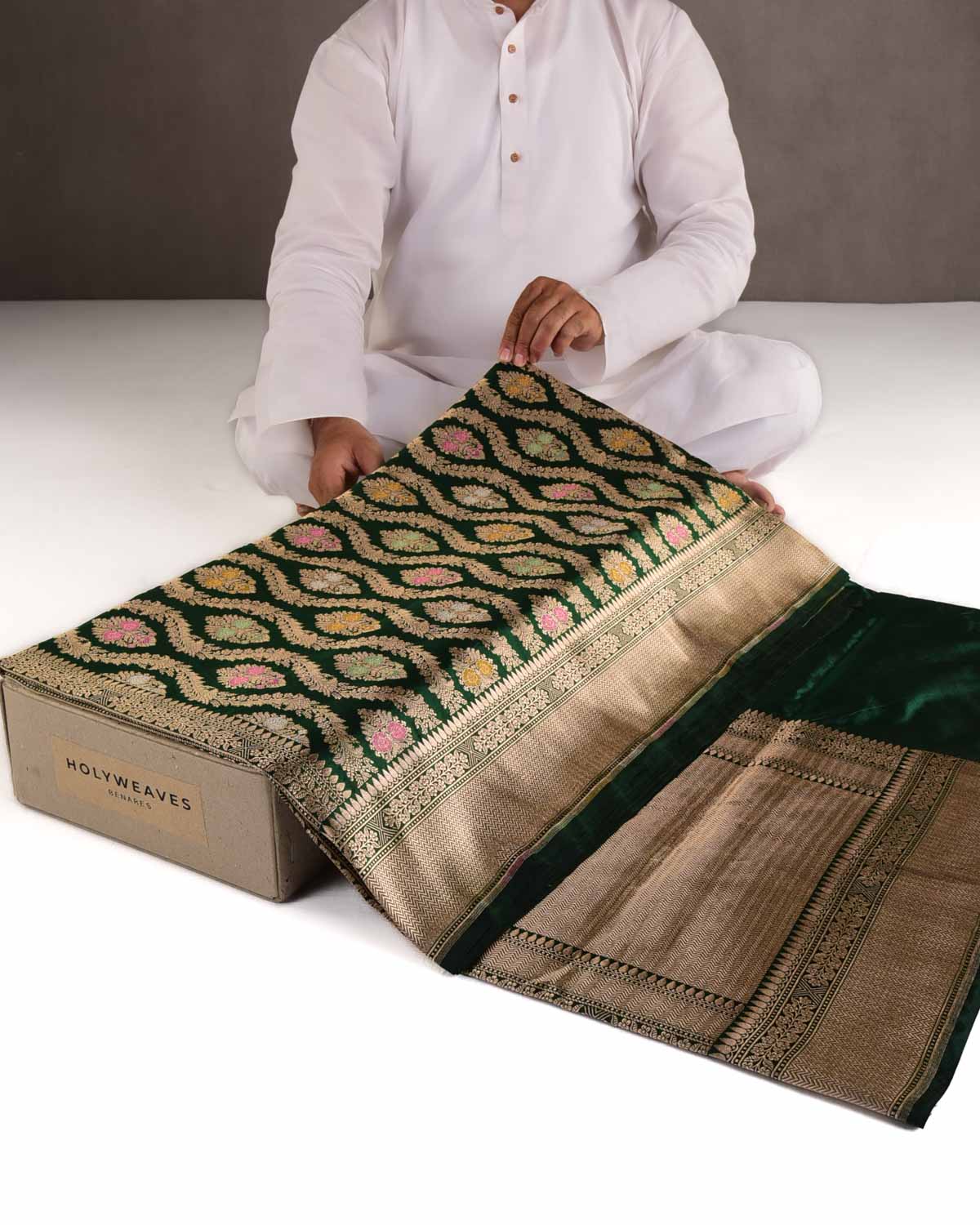 Midnight Green Gold & Silver Zari & Meenekari Floral Jangla Cutwork Brocade Handwoven Katan Silk Banarasi Saree-HolyWeaves