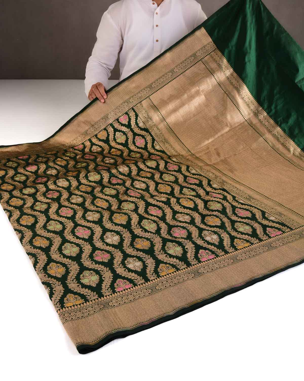 Midnight Green Gold & Silver Zari & Meenekari Floral Jangla Cutwork Brocade Handwoven Katan Silk Banarasi Saree-HolyWeaves