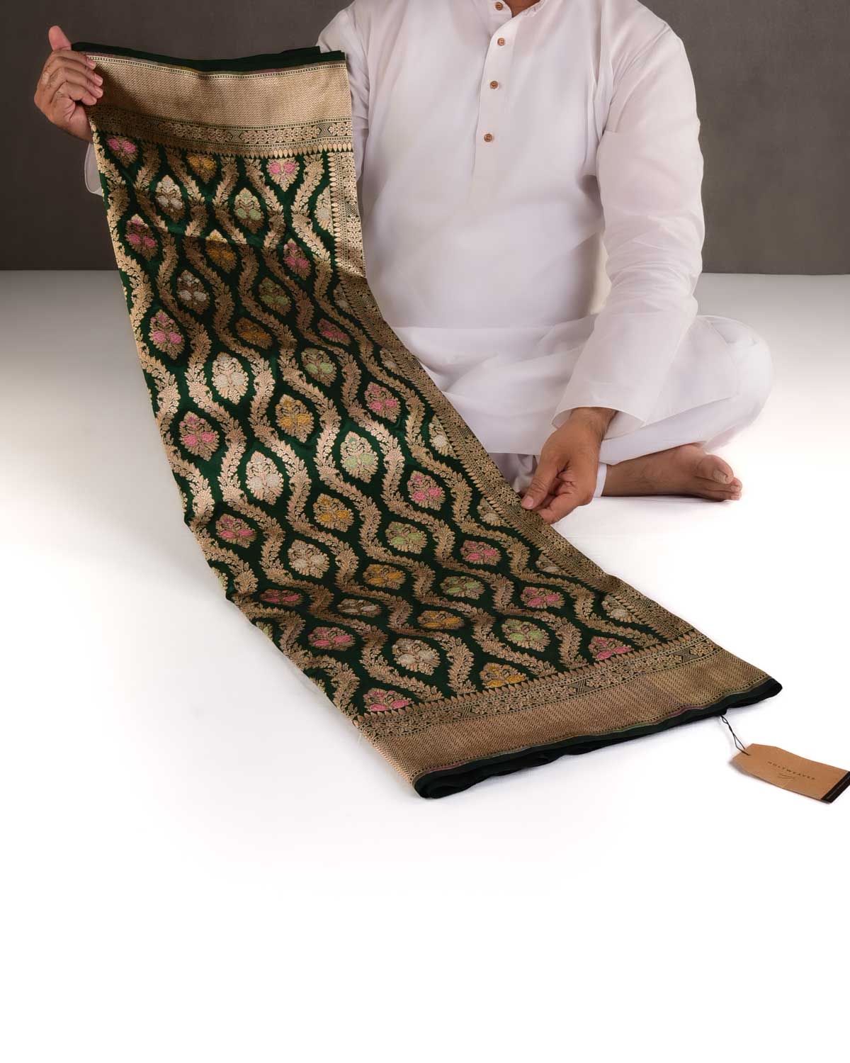 Midnight Green Gold & Silver Zari & Meenekari Floral Jangla Cutwork Brocade Handwoven Katan Silk Banarasi Saree-HolyWeaves