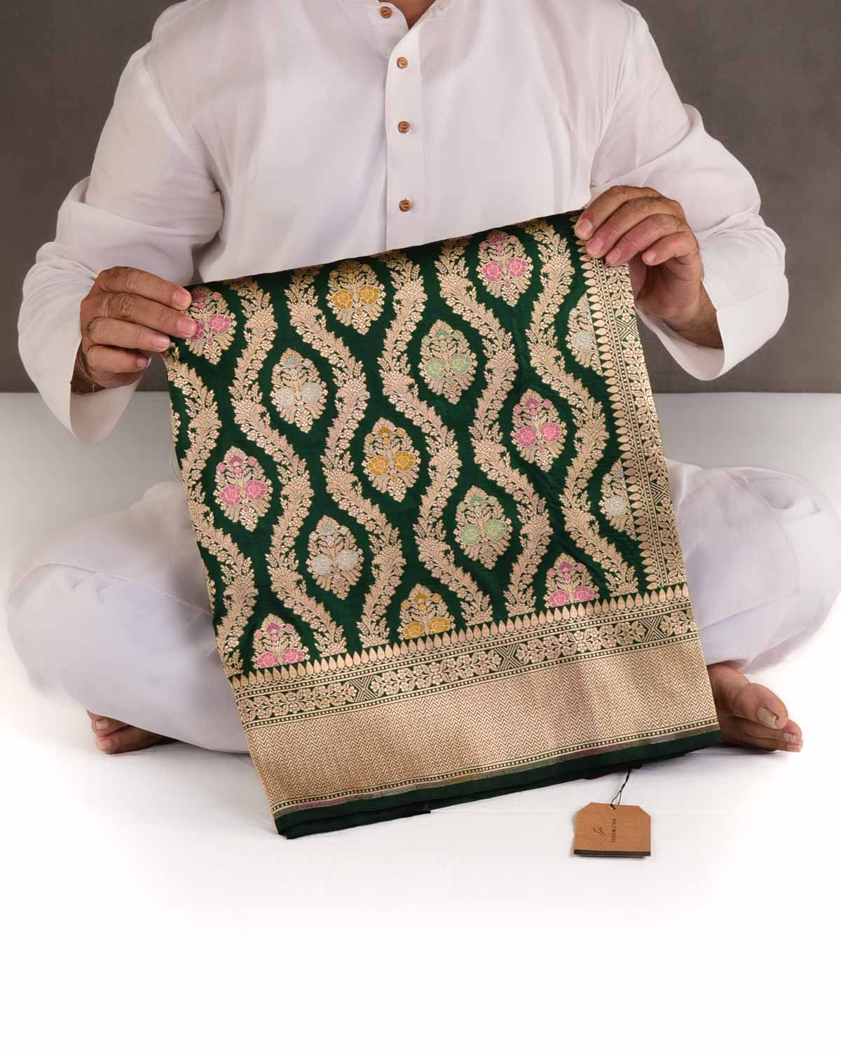 Midnight Green Gold & Silver Zari & Meenekari Floral Jangla Cutwork Brocade Handwoven Katan Silk Banarasi Saree-HolyWeaves