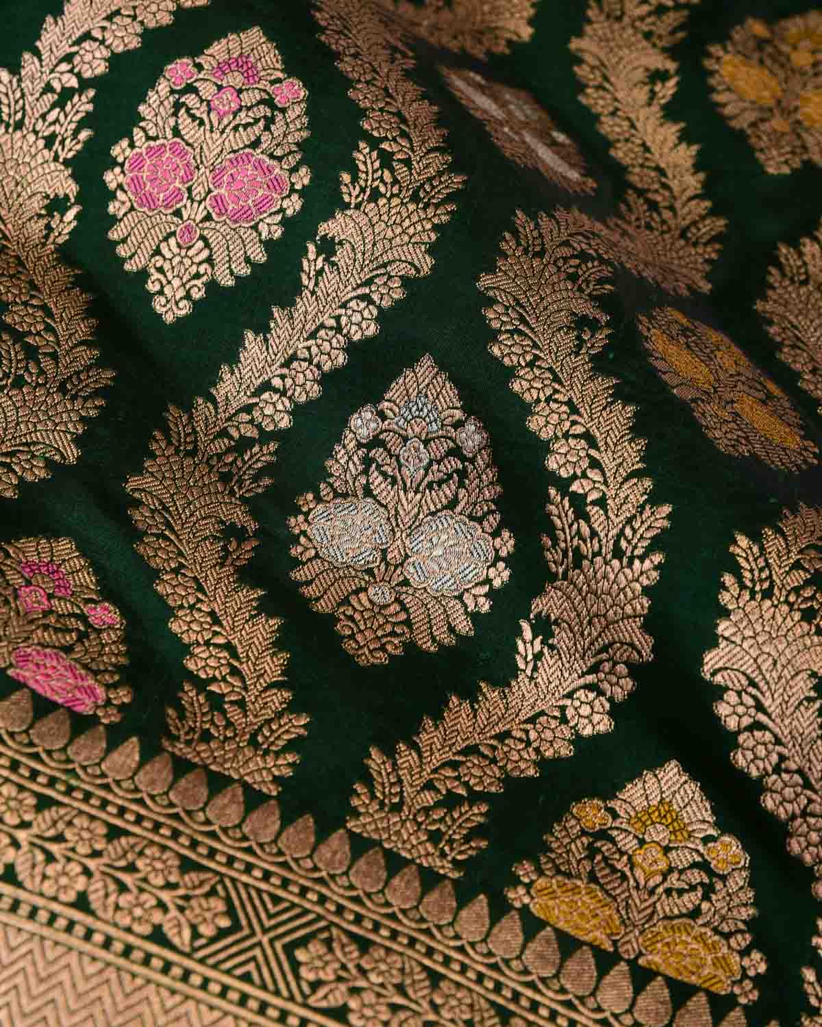 Midnight Green Gold & Silver Zari & Meenekari Floral Jangla Cutwork Brocade Handwoven Katan Silk Banarasi Saree-HolyWeaves