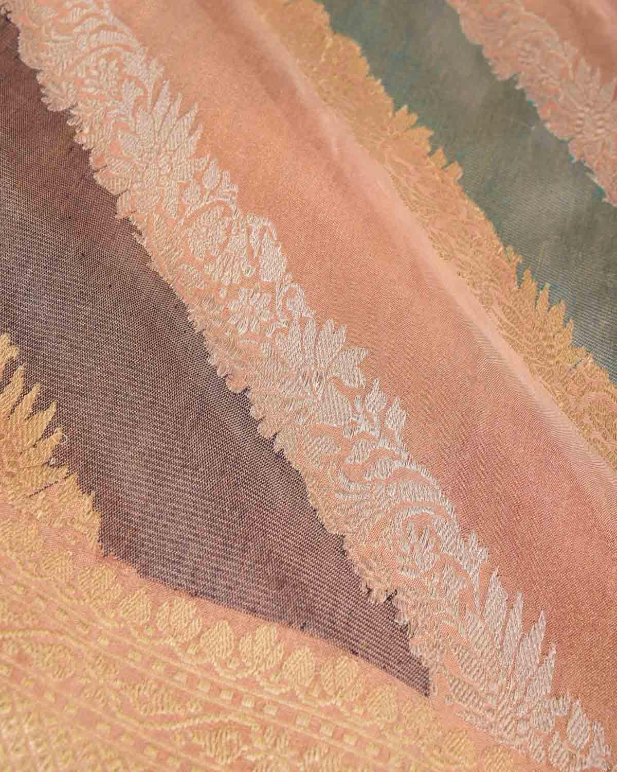 Metallic Peach Diagonal Rangkaat Kadhuan Brocade Handwoven Katan Silk Banarasi Saree-HolyWeaves