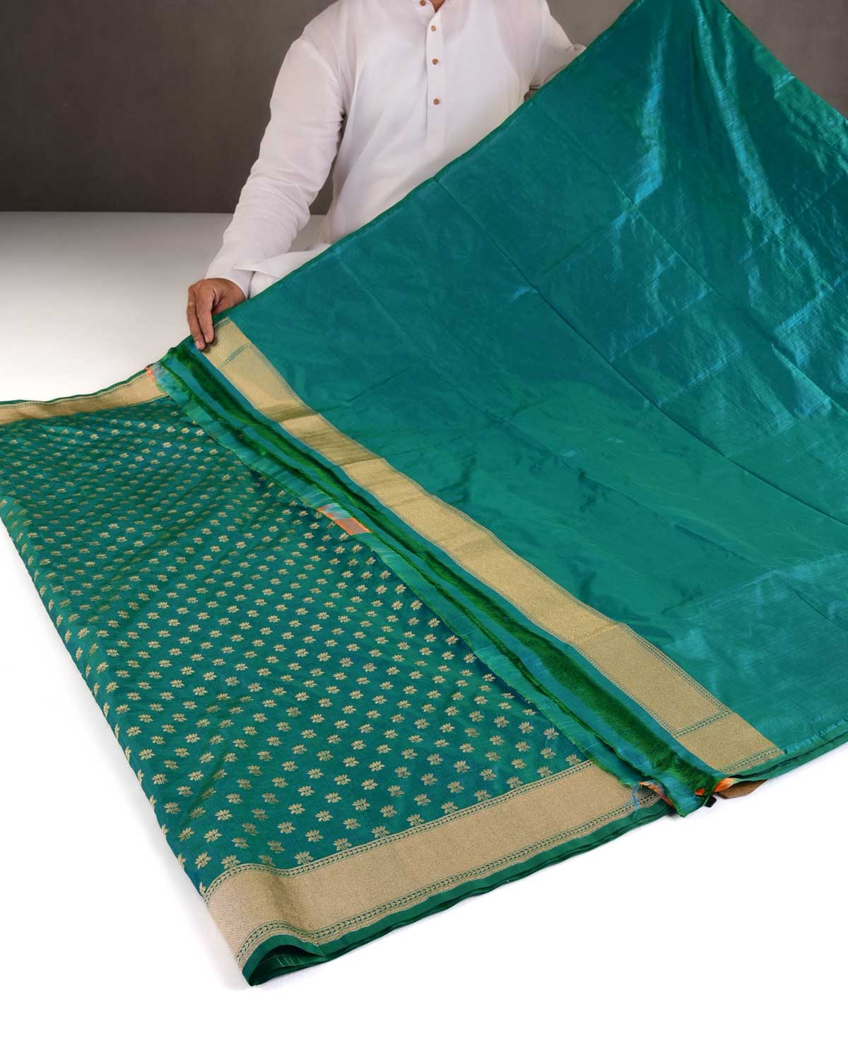 Shot Blue-Green Gold Zari Kamal Buti Cutwork Brocade Handwoven Katan Silk Banarasi Saree-HolyWeaves