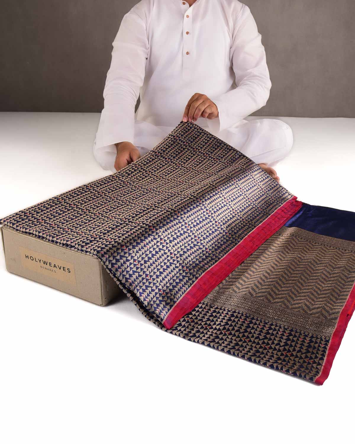 Navy Blue Gold Zari Geometric Triangles Brocade Handwoven Katan Silk Banarasi Saree-HolyWeaves