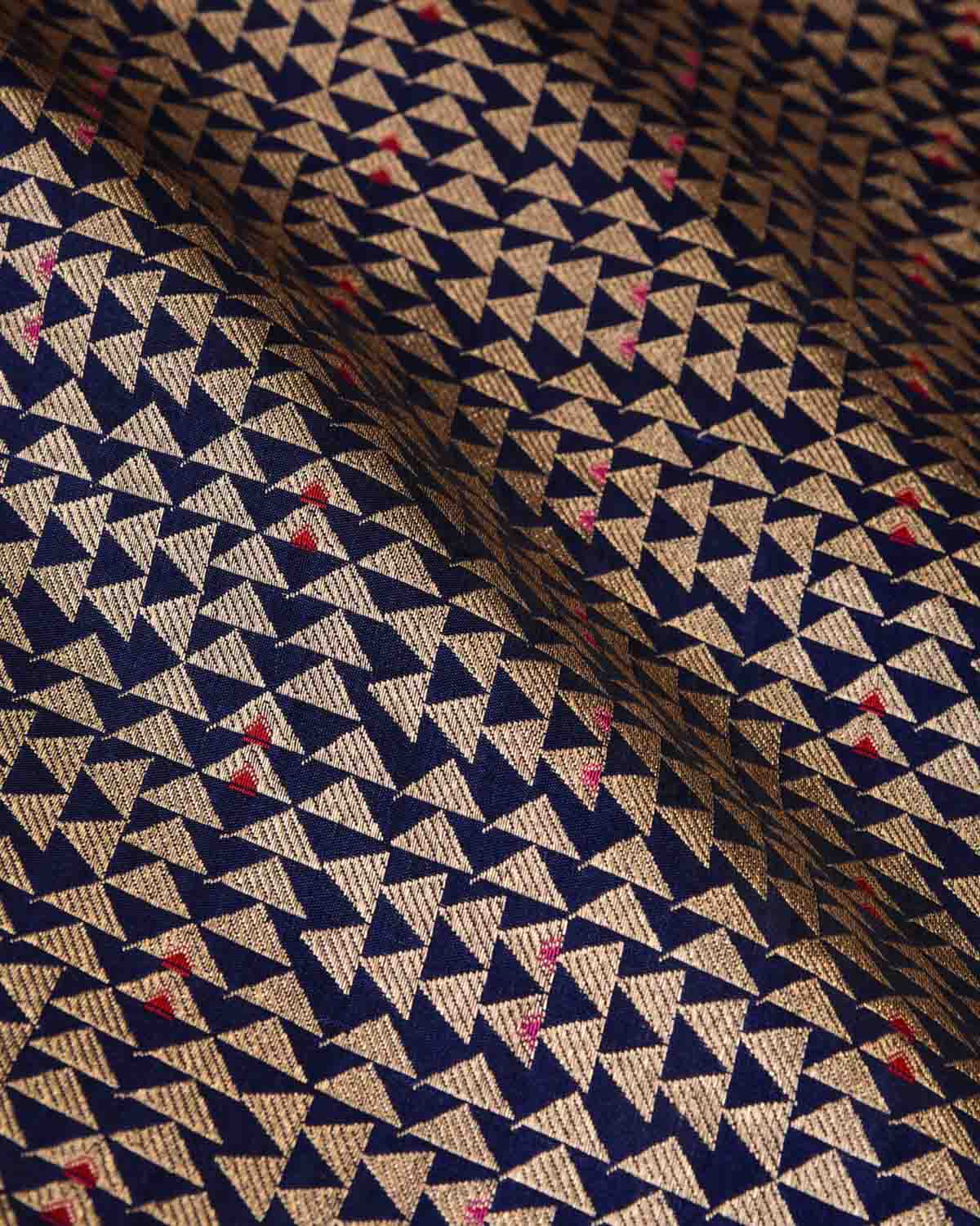Navy Blue Gold Zari Geometric Triangles Brocade Handwoven Katan Silk Banarasi Saree-HolyWeaves