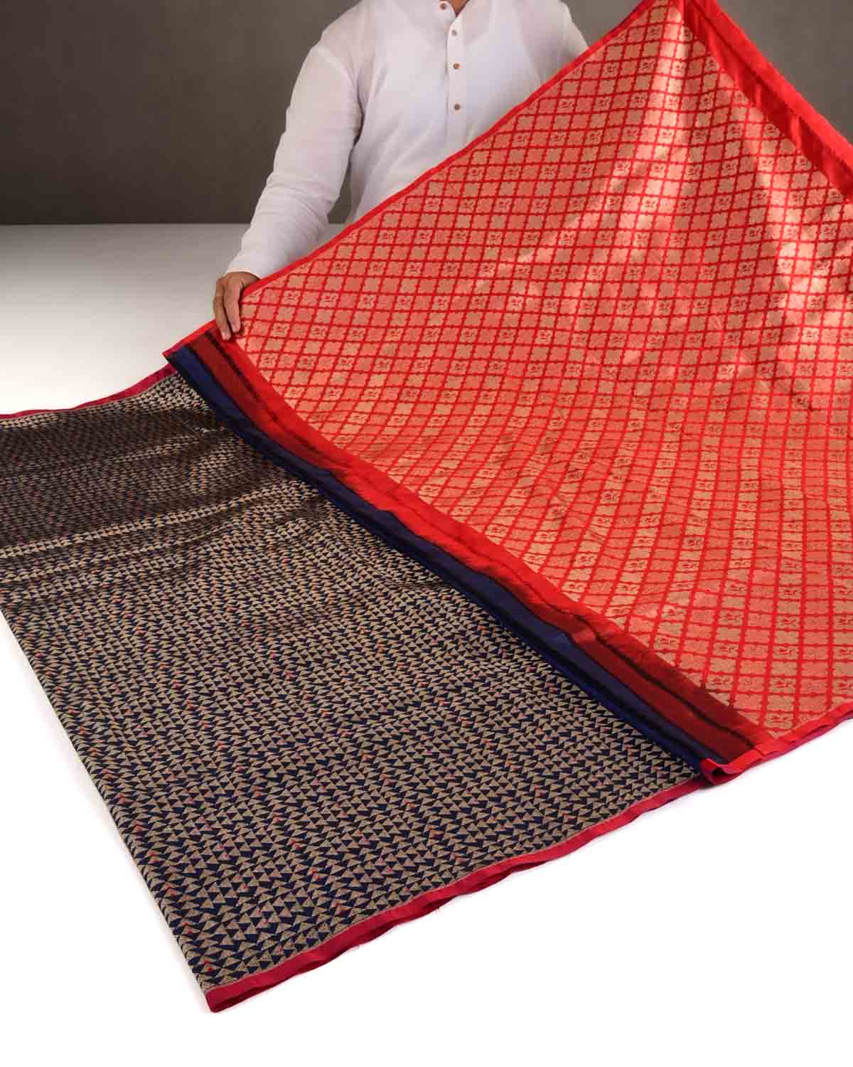 Navy Blue Gold Zari Geometric Triangles Brocade Handwoven Katan Silk Banarasi Saree-HolyWeaves