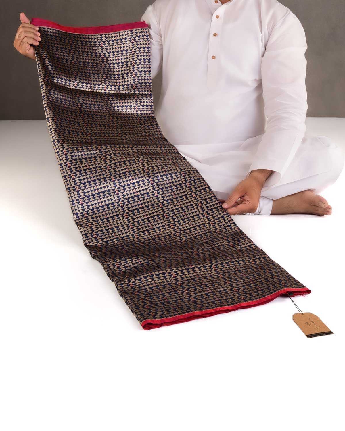 Navy Blue Gold Zari Geometric Triangles Brocade Handwoven Katan Silk Banarasi Saree-HolyWeaves