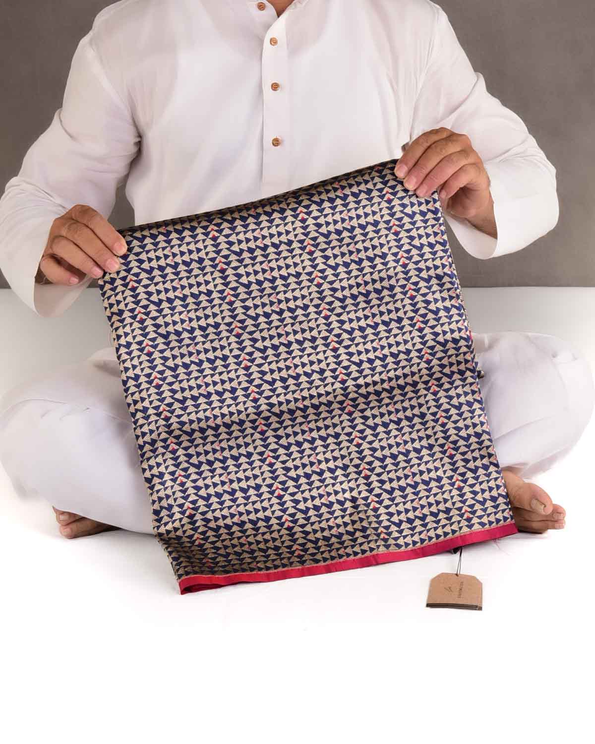 Navy Blue Gold Zari Geometric Triangles Brocade Handwoven Katan Silk Banarasi Saree-HolyWeaves