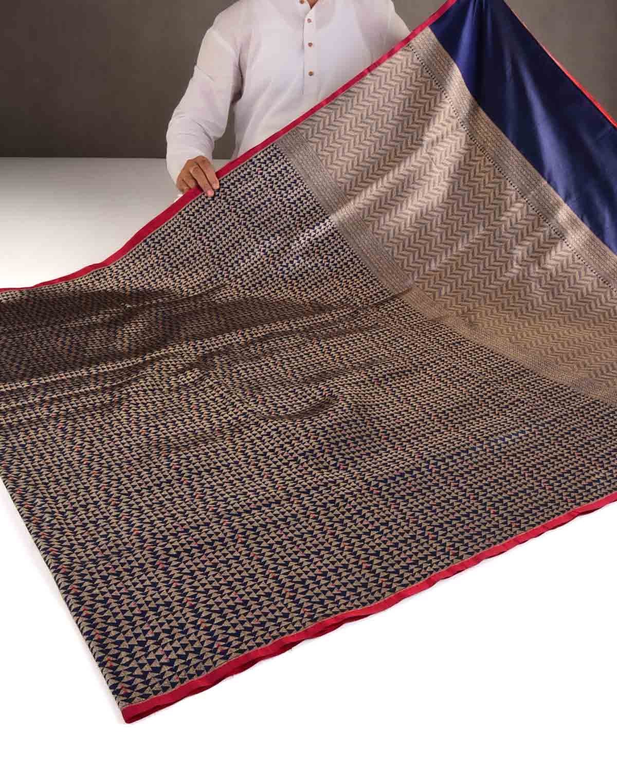 Navy Blue Gold Zari Geometric Triangles Brocade Handwoven Katan Silk Banarasi Saree-HolyWeaves