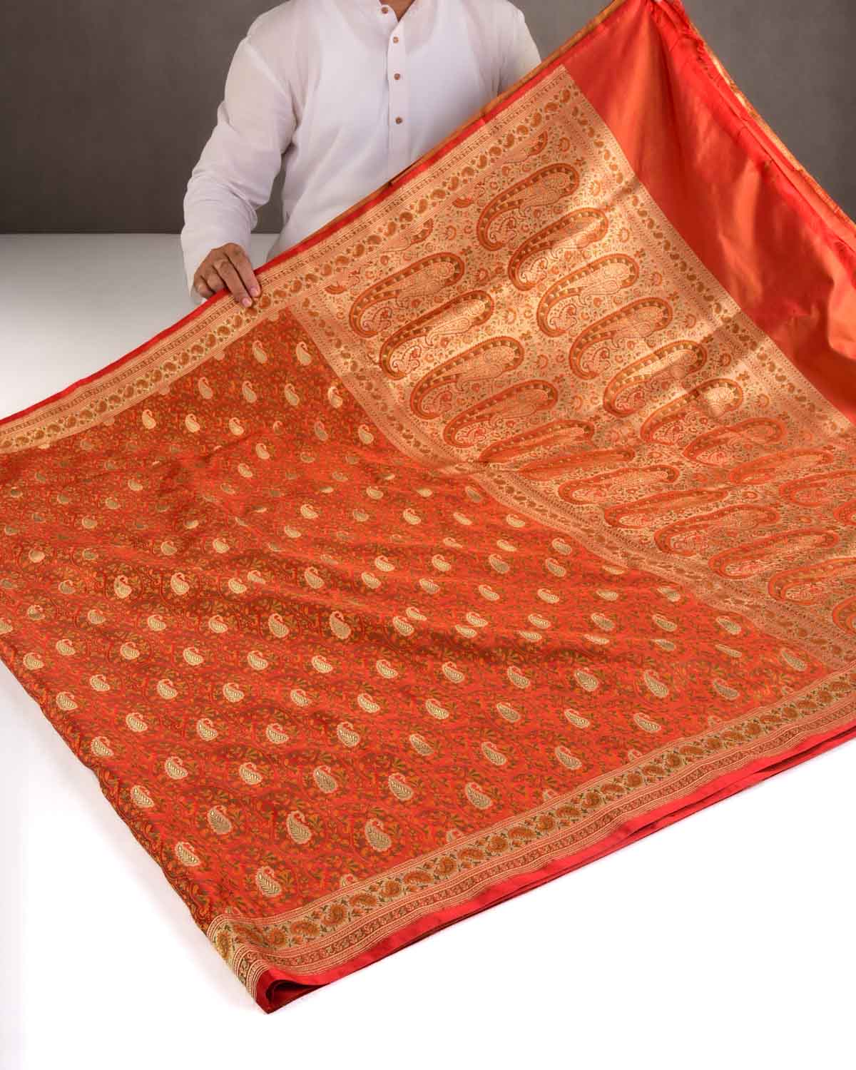 Sinddori Red Tehri Paisley Satin Jamawar Tanchoi Brocade Handwoven Katan Silk Banarasi Saree-HolyWeaves