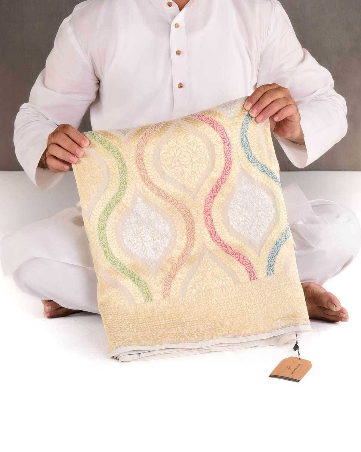 Beige Gold & Silver Zari & Menekari Traditional Cutwork Brocade Handwoven Tasar Georgette Banarasi Saree-HolyWeaves