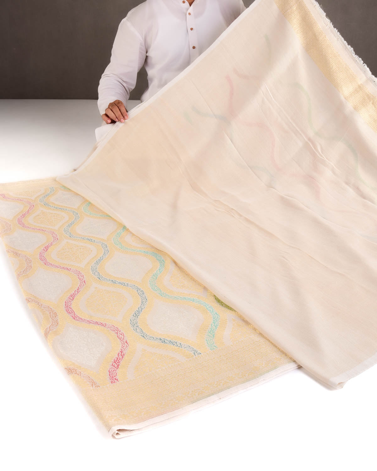 Beige Gold & Silver Zari & Menekari Traditional Cutwork Brocade Handwoven Tasar Georgette Banarasi Saree-HolyWeaves