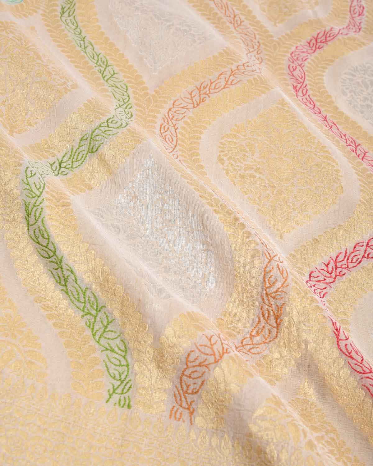 Beige Gold & Silver Zari & Menekari Traditional Cutwork Brocade Handwoven Tasar Georgette Banarasi Saree-HolyWeaves