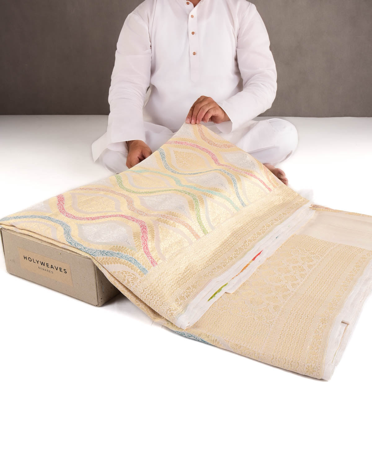 Beige Gold & Silver Zari & Menekari Traditional Cutwork Brocade Handwoven Tasar Georgette Banarasi Saree-HolyWeaves