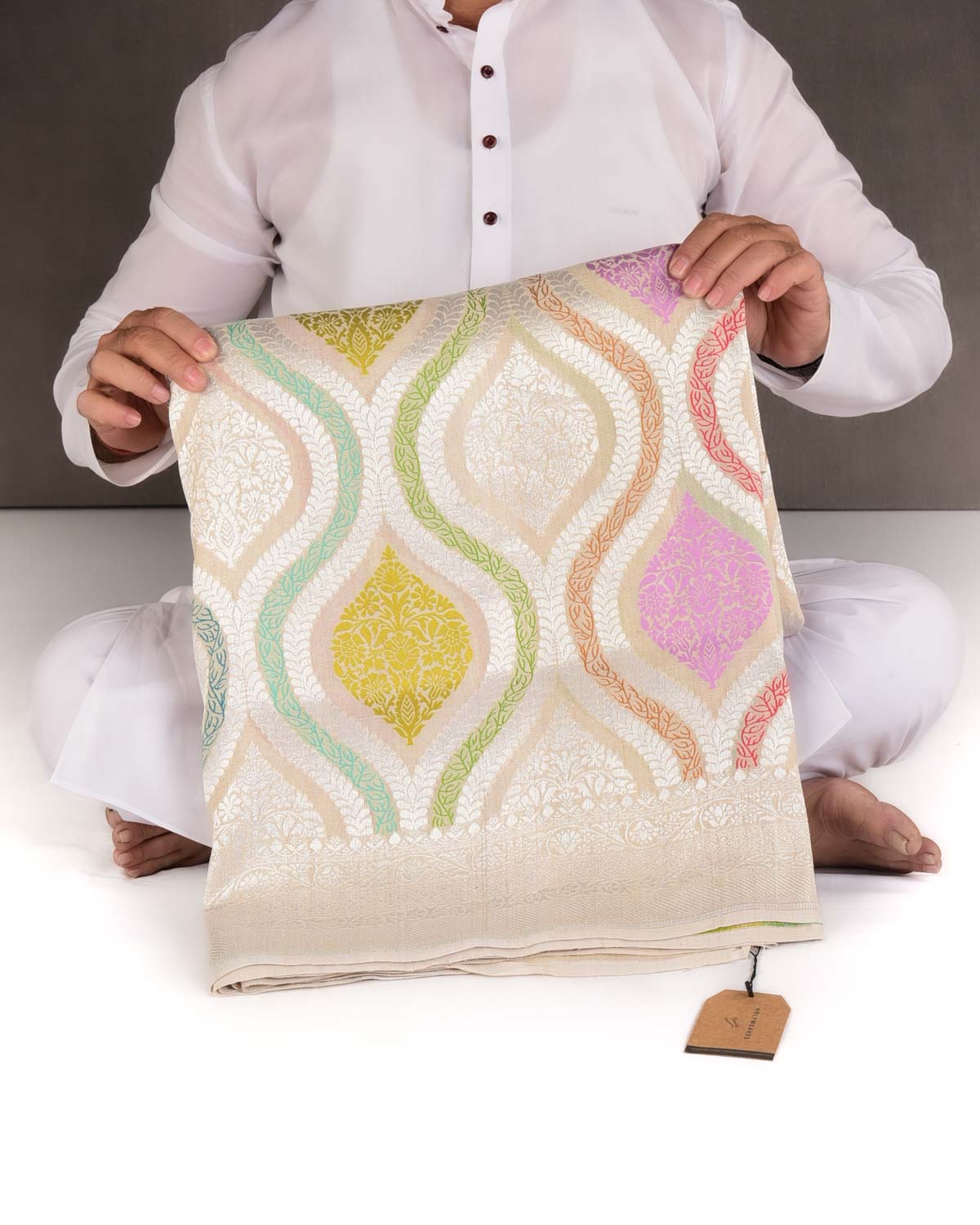 Beige Silver Zari & Menekari Traditional Cutwork Brocade Handwoven Tasar Georgette Banarasi Saree-HolyWeaves