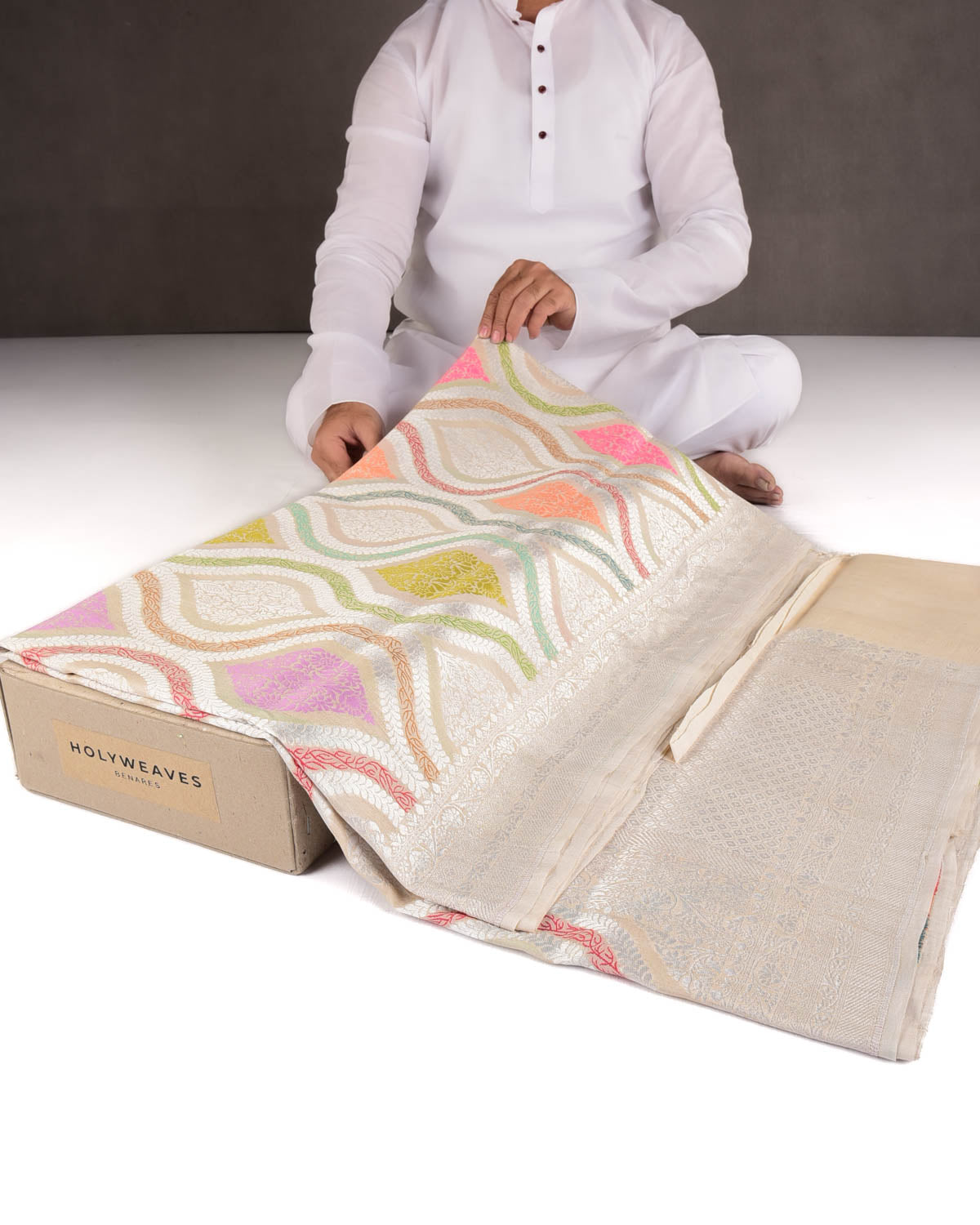 Beige Silver Zari & Menekari Traditional Cutwork Brocade Handwoven Tasar Georgette Banarasi Saree-HolyWeaves