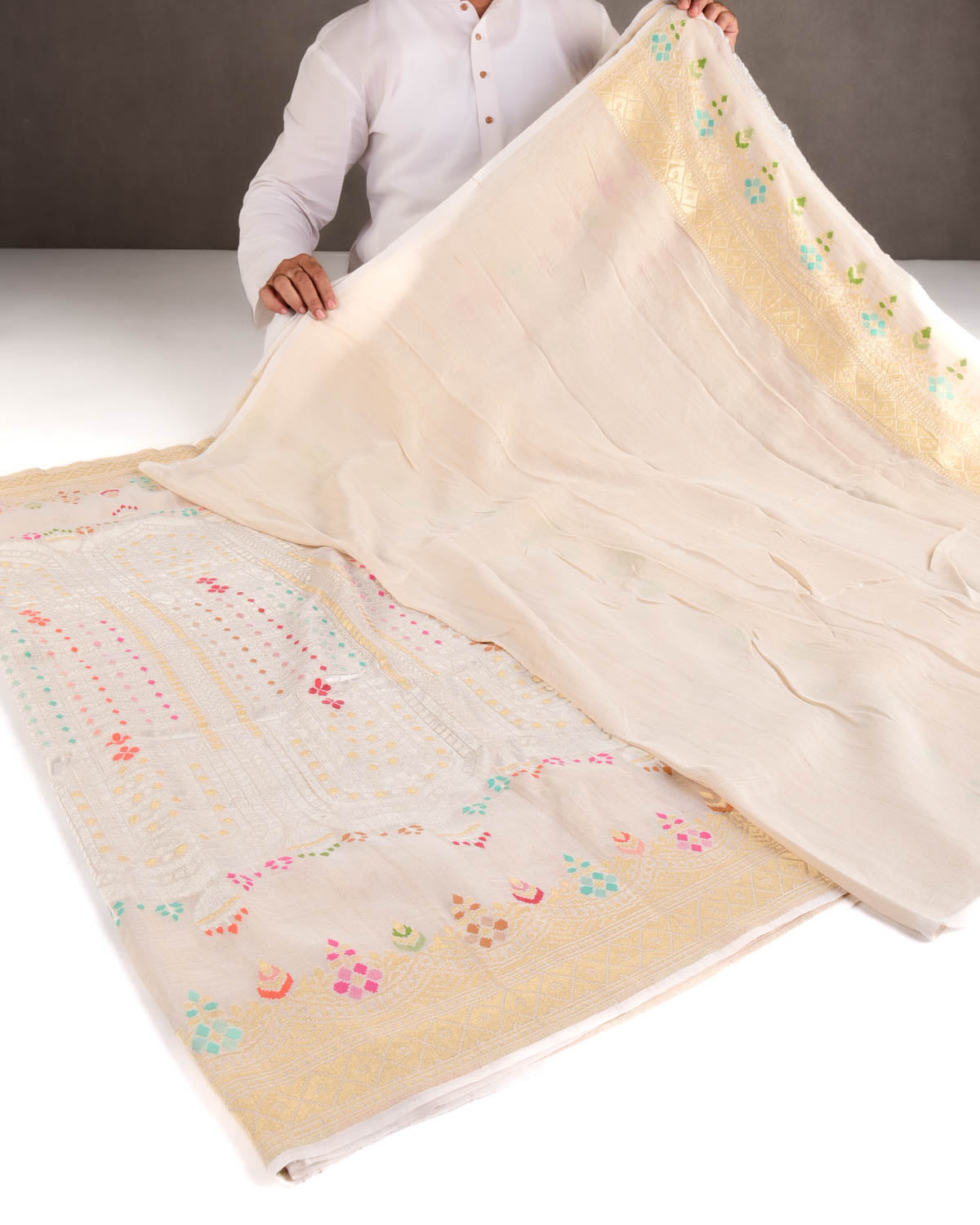 Beige Gold & Silver Zari & Menekari Cutwork Brocade Handwoven Tasar Georgette Banarasi Saree-HolyWeaves