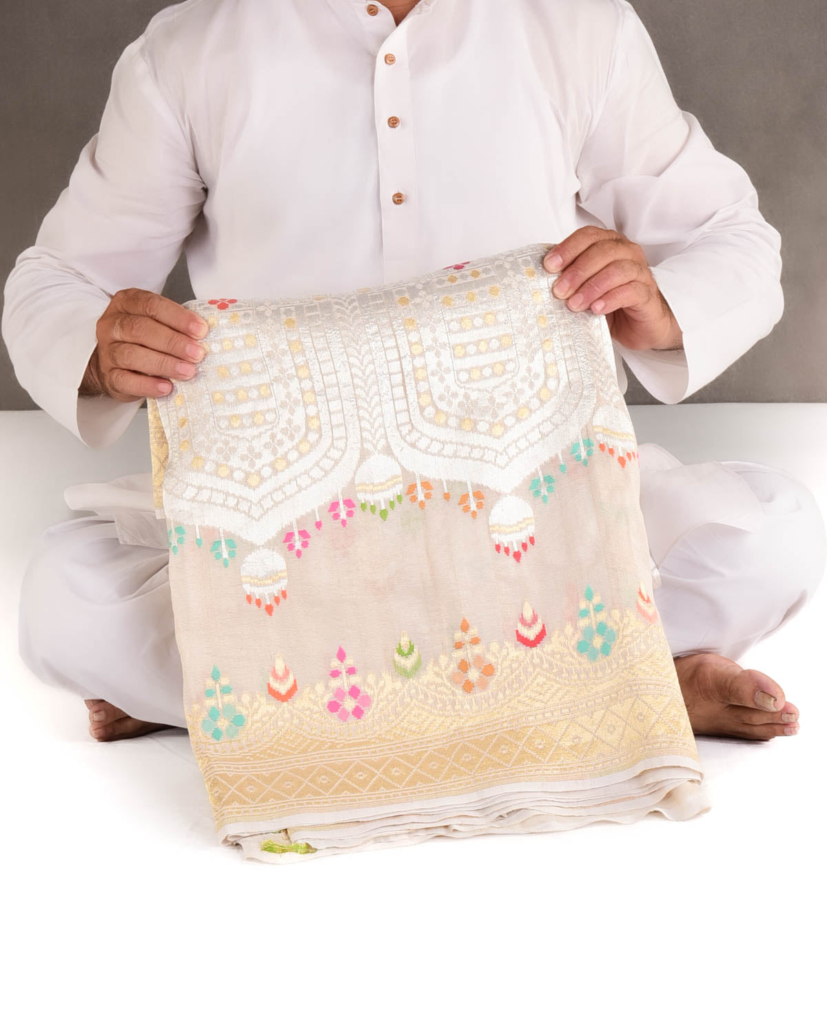 Beige Gold & Silver Zari & Menekari Cutwork Brocade Handwoven Tasar Georgette Banarasi Saree-HolyWeaves