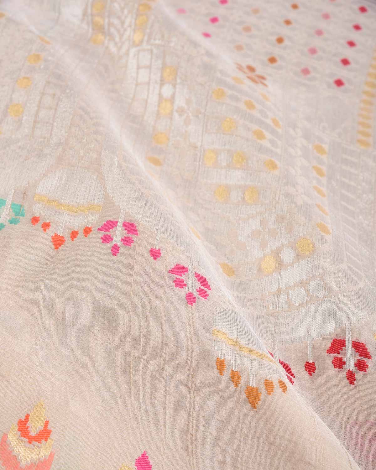 Beige Gold & Silver Zari & Menekari Cutwork Brocade Handwoven Tasar Georgette Banarasi Saree-HolyWeaves