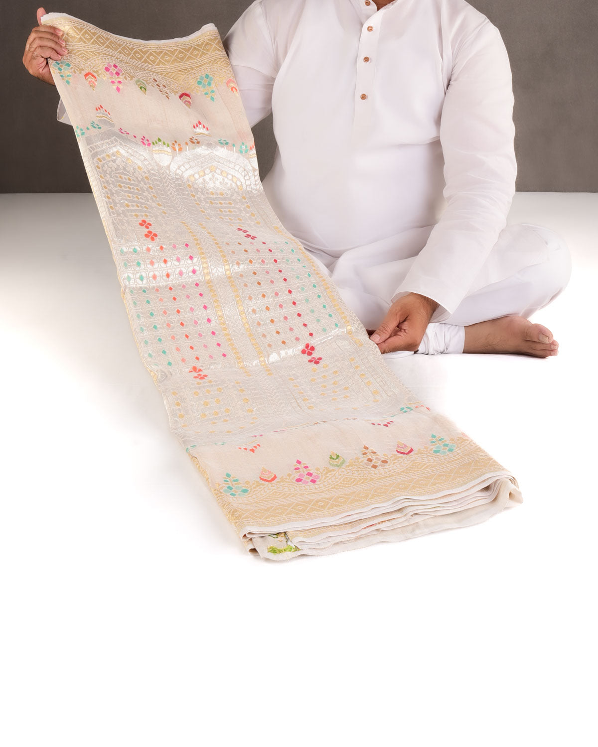 Beige Gold & Silver Zari & Menekari Cutwork Brocade Handwoven Tasar Georgette Banarasi Saree-HolyWeaves