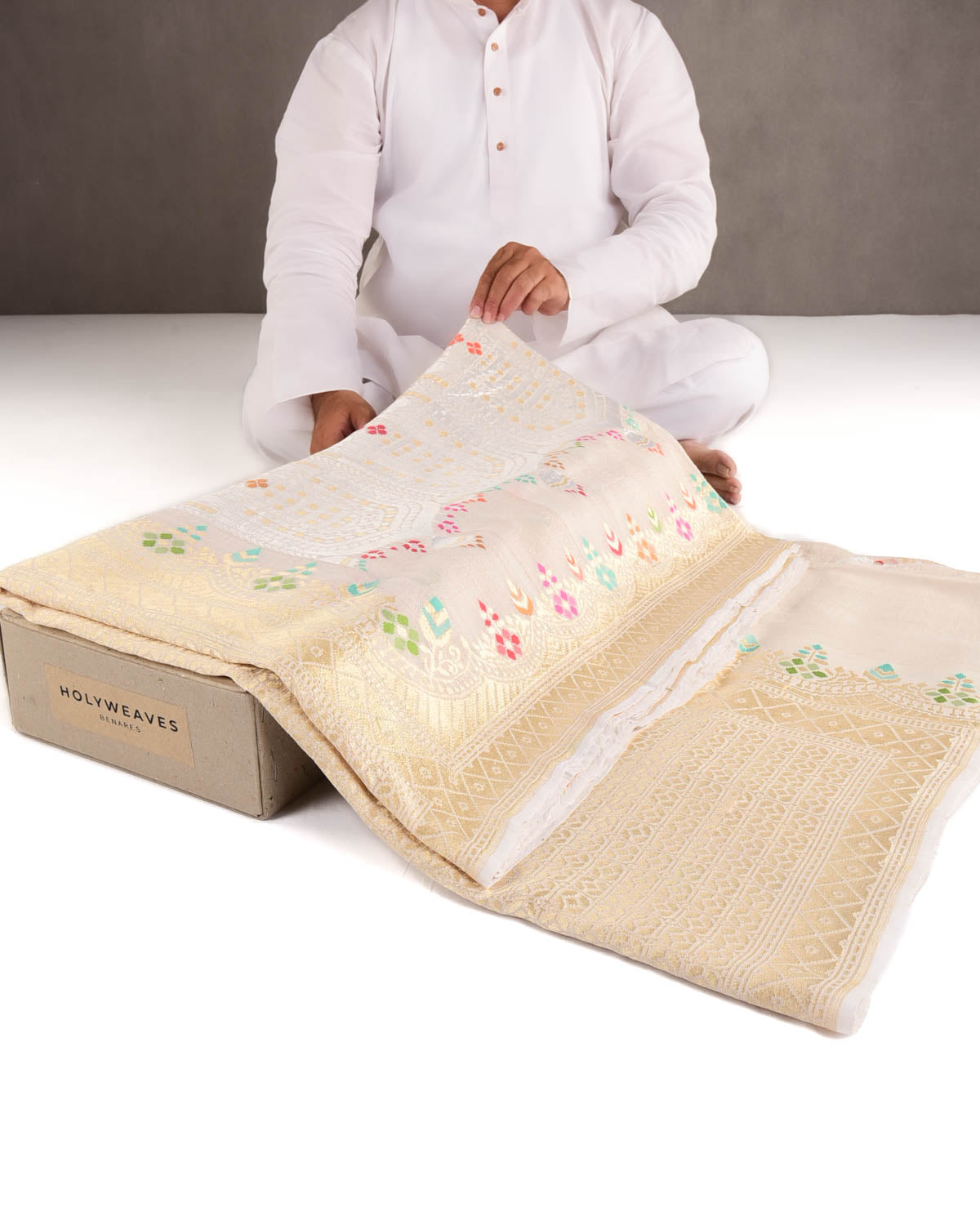 Beige Gold & Silver Zari & Menekari Cutwork Brocade Handwoven Tasar Georgette Banarasi Saree-HolyWeaves