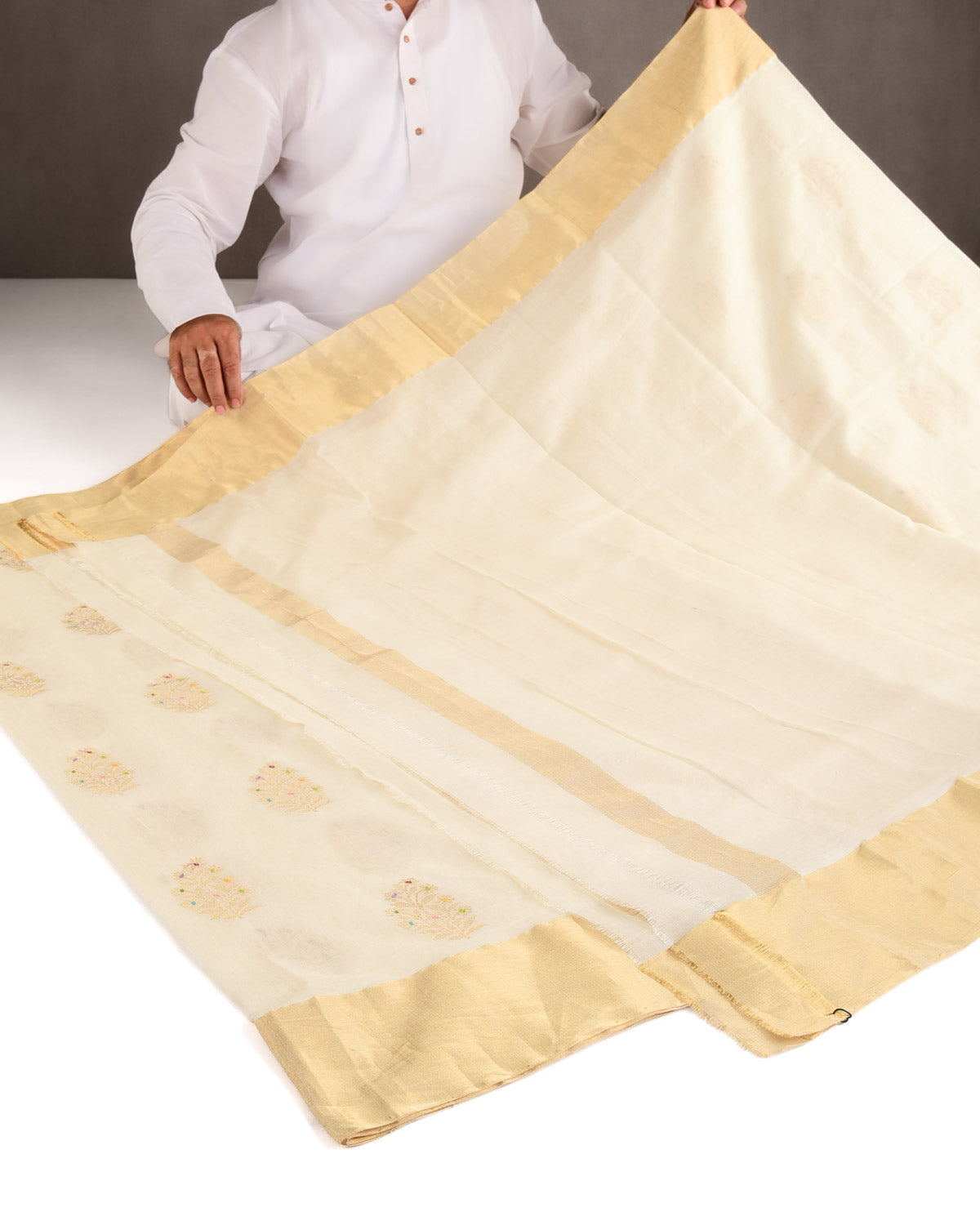 Ivory White Gold Zari & Meena Kadhuan Brocade Handwoven Cotton Silk Banarasi Saree-HolyWeaves