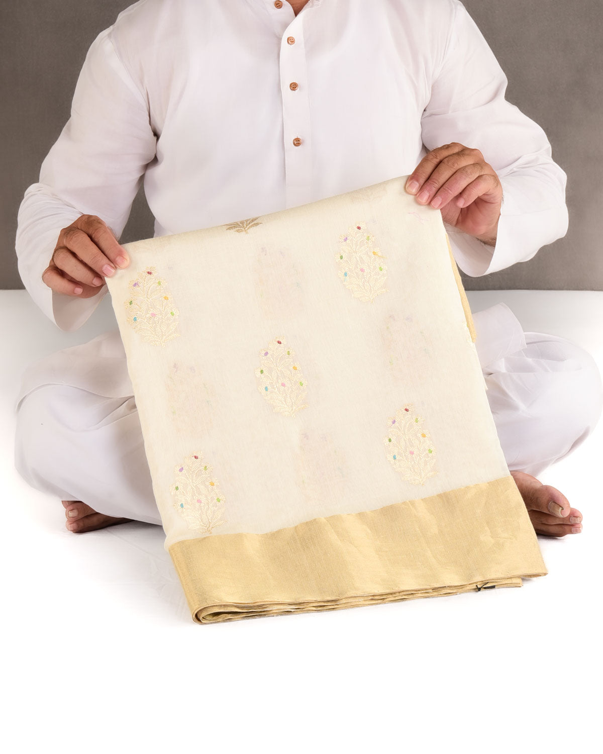 Ivory White Gold Zari & Meena Kadhuan Brocade Handwoven Cotton Silk Banarasi Saree-HolyWeaves