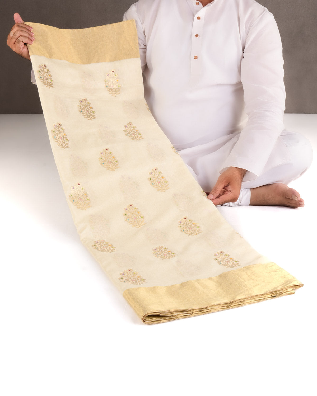 Ivory White Gold Zari & Meena Kadhuan Brocade Handwoven Cotton Silk Banarasi Saree-HolyWeaves
