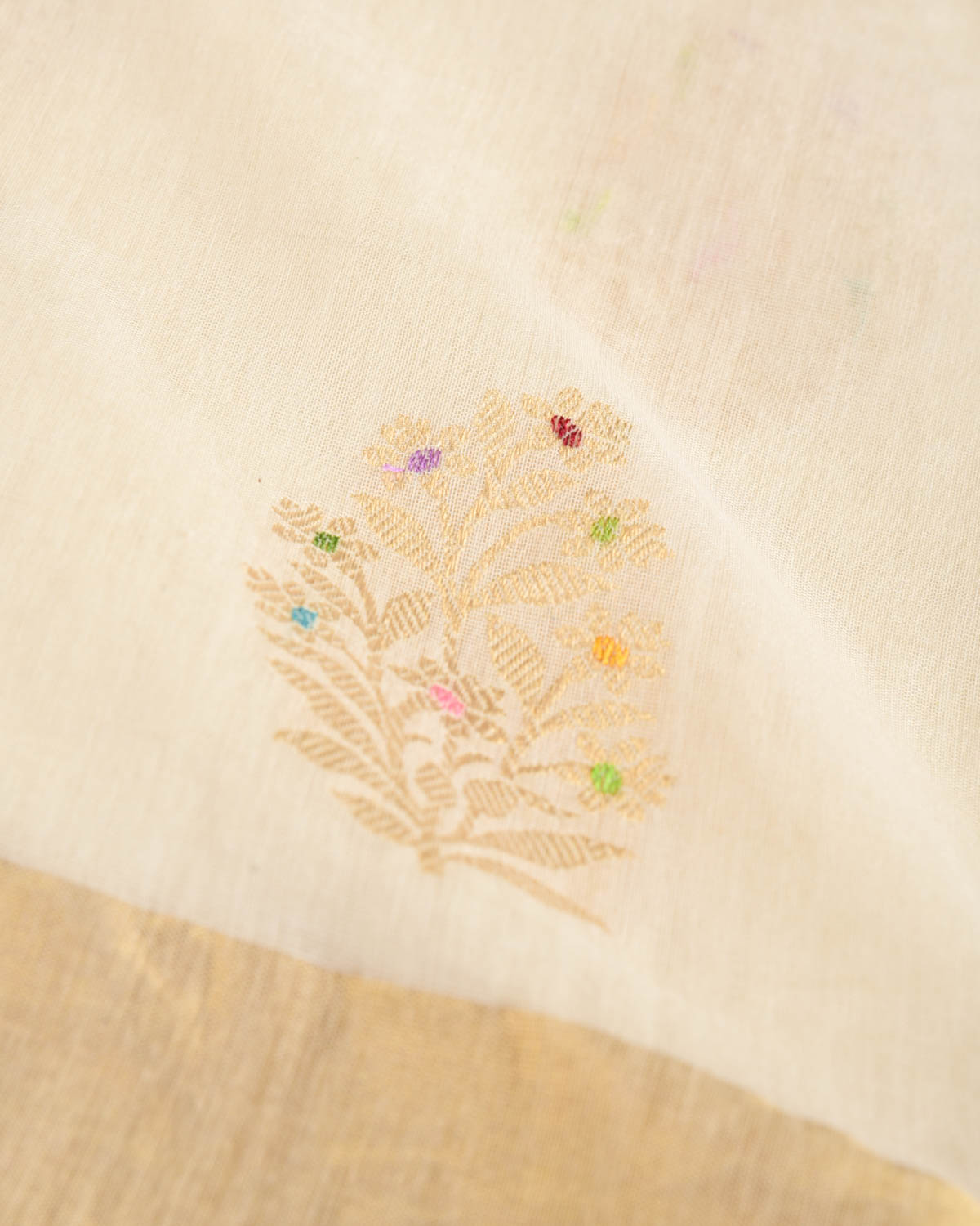 Ivory White Gold Zari & Meena Kadhuan Brocade Handwoven Cotton Silk Banarasi Saree-HolyWeaves