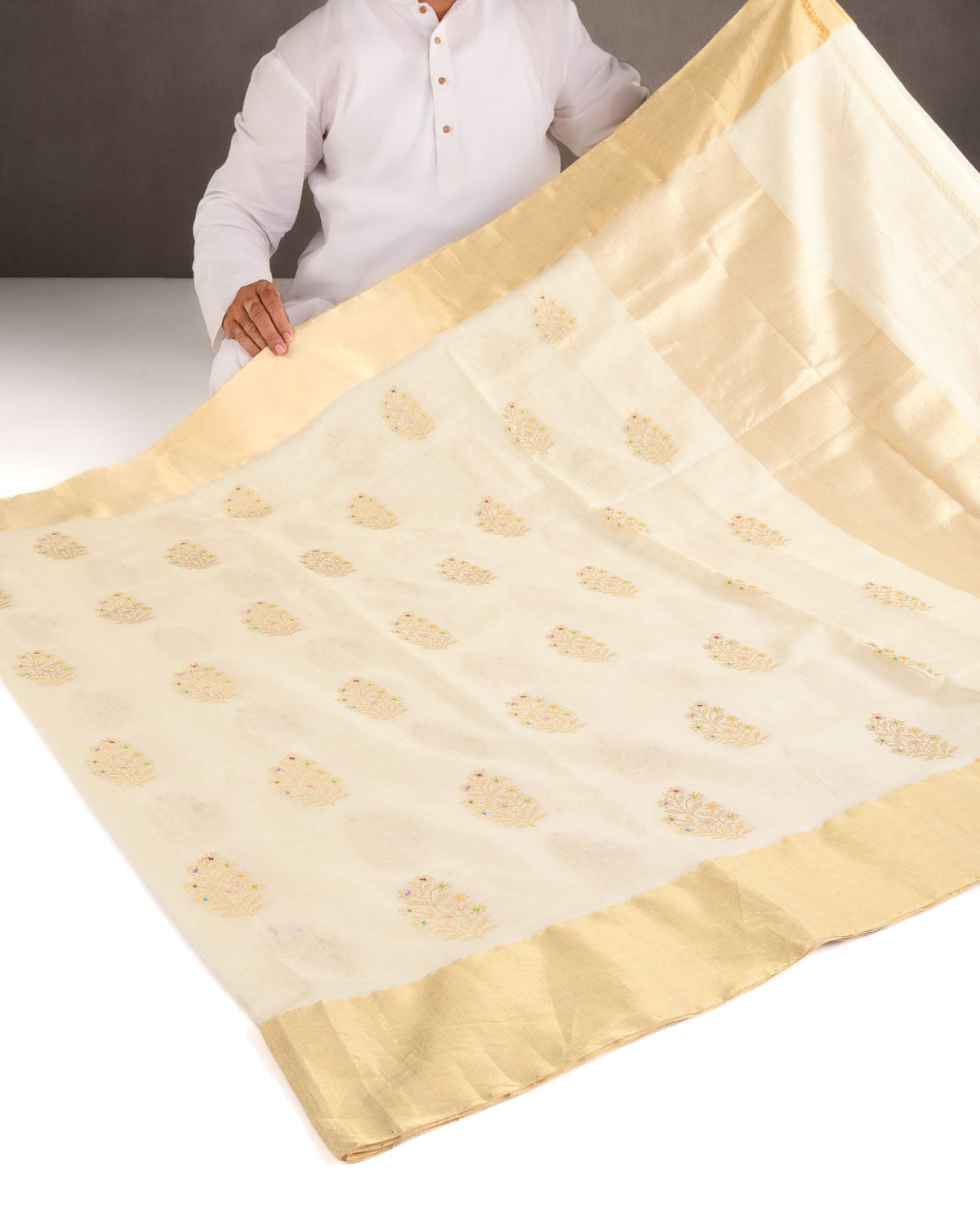 Ivory White Gold Zari & Meena Kadhuan Brocade Handwoven Cotton Silk Banarasi Saree-HolyWeaves