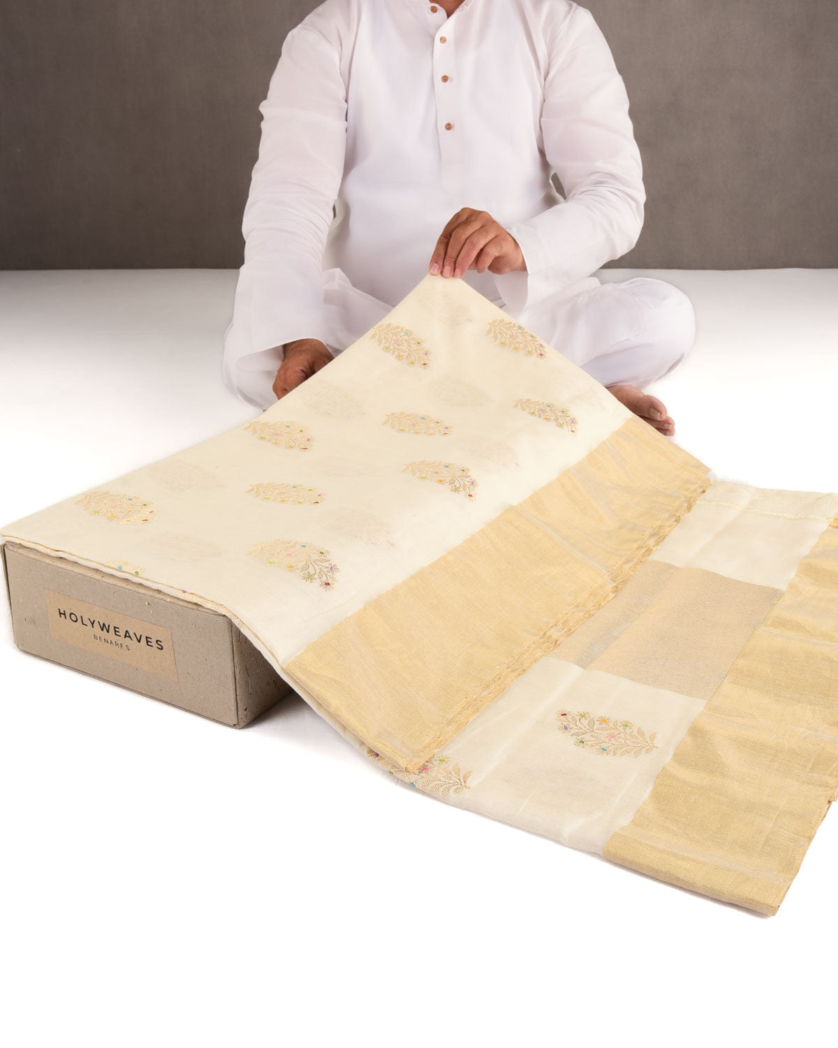 Ivory White Gold Zari & Meena Kadhuan Brocade Handwoven Cotton Silk Banarasi Saree-HolyWeaves