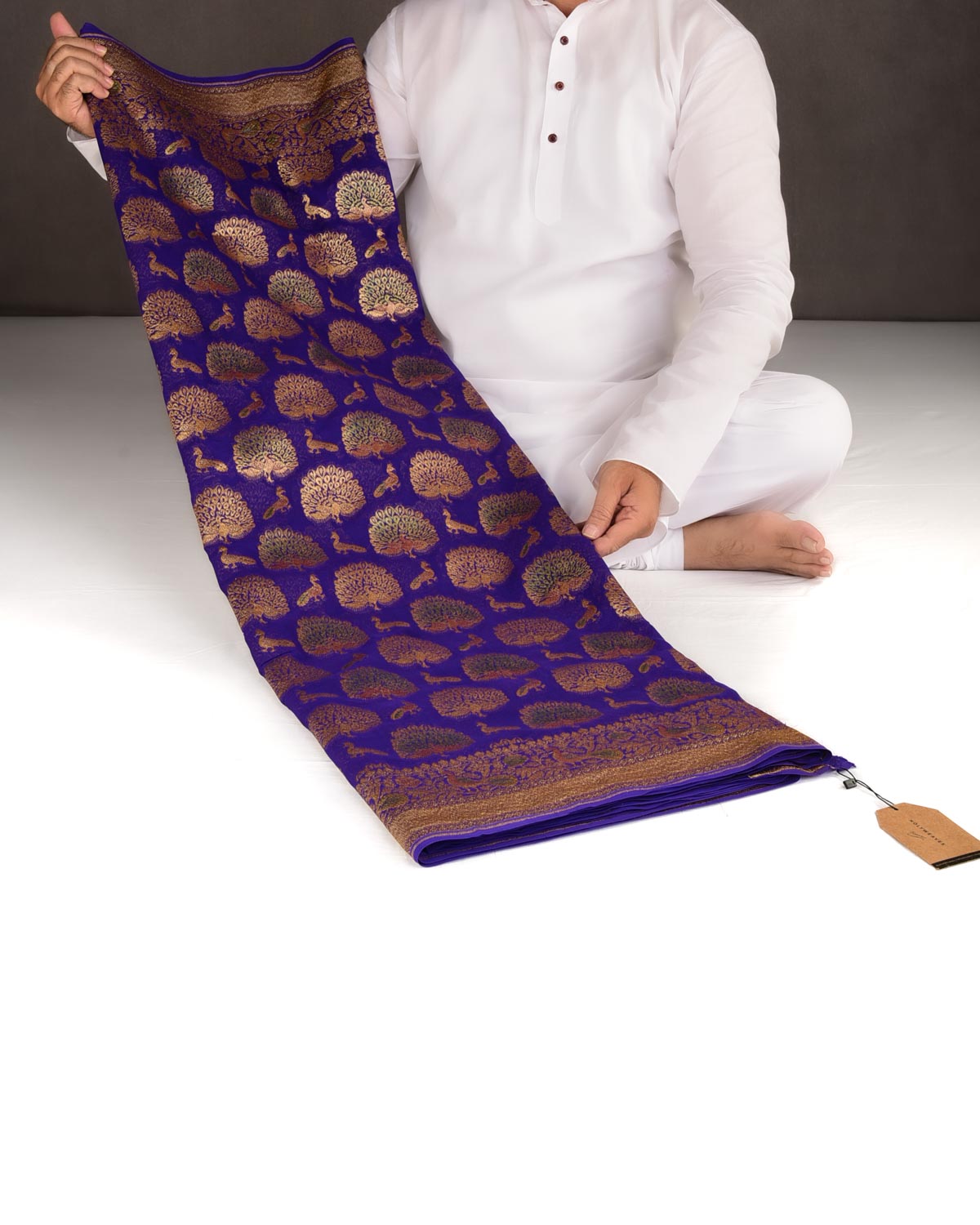 Purple Antique Zari Peacock Shikargah Hand Brush Dye Cutwork Brocade Handwoven Khaddi Georgette Banarasi Saree-HolyWeaves