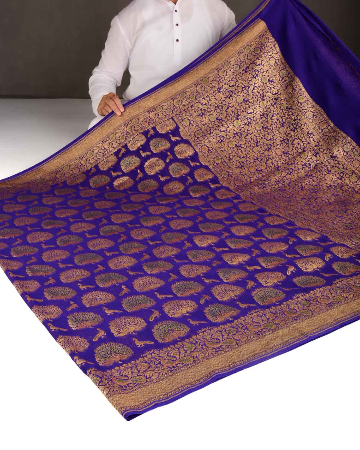 Purple Antique Zari Peacock Shikargah Hand Brush Dye Cutwork Brocade Handwoven Khaddi Georgette Banarasi Saree-HolyWeaves