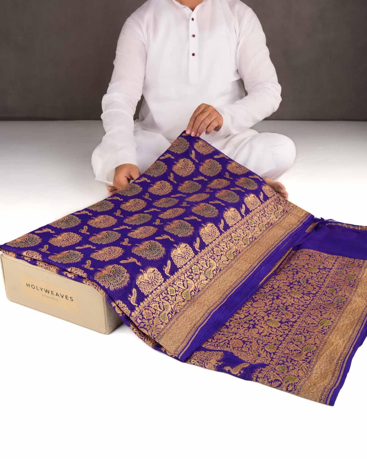 Purple Antique Zari Peacock Shikargah Hand Brush Dye Cutwork Brocade Handwoven Khaddi Georgette Banarasi Saree-HolyWeaves