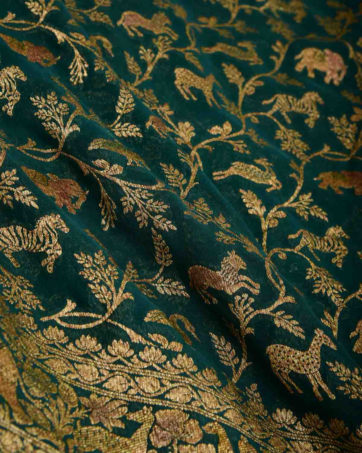 Sacramento Green Antique Zari Shikargah Hand Brush Dye Cutwork Brocade Handwoven Khaddi Georgette Banarasi Saree-HolyWeaves